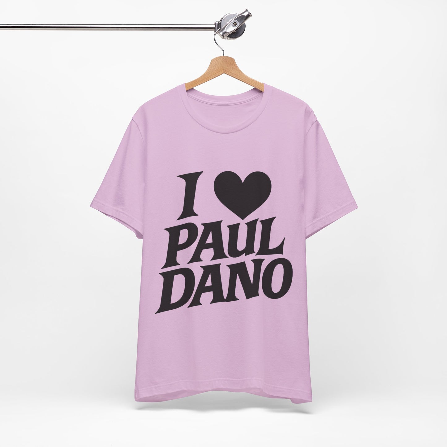 Light purple t-shirt with 'I ❤️ Paul Dano' text on a hanger against a white background