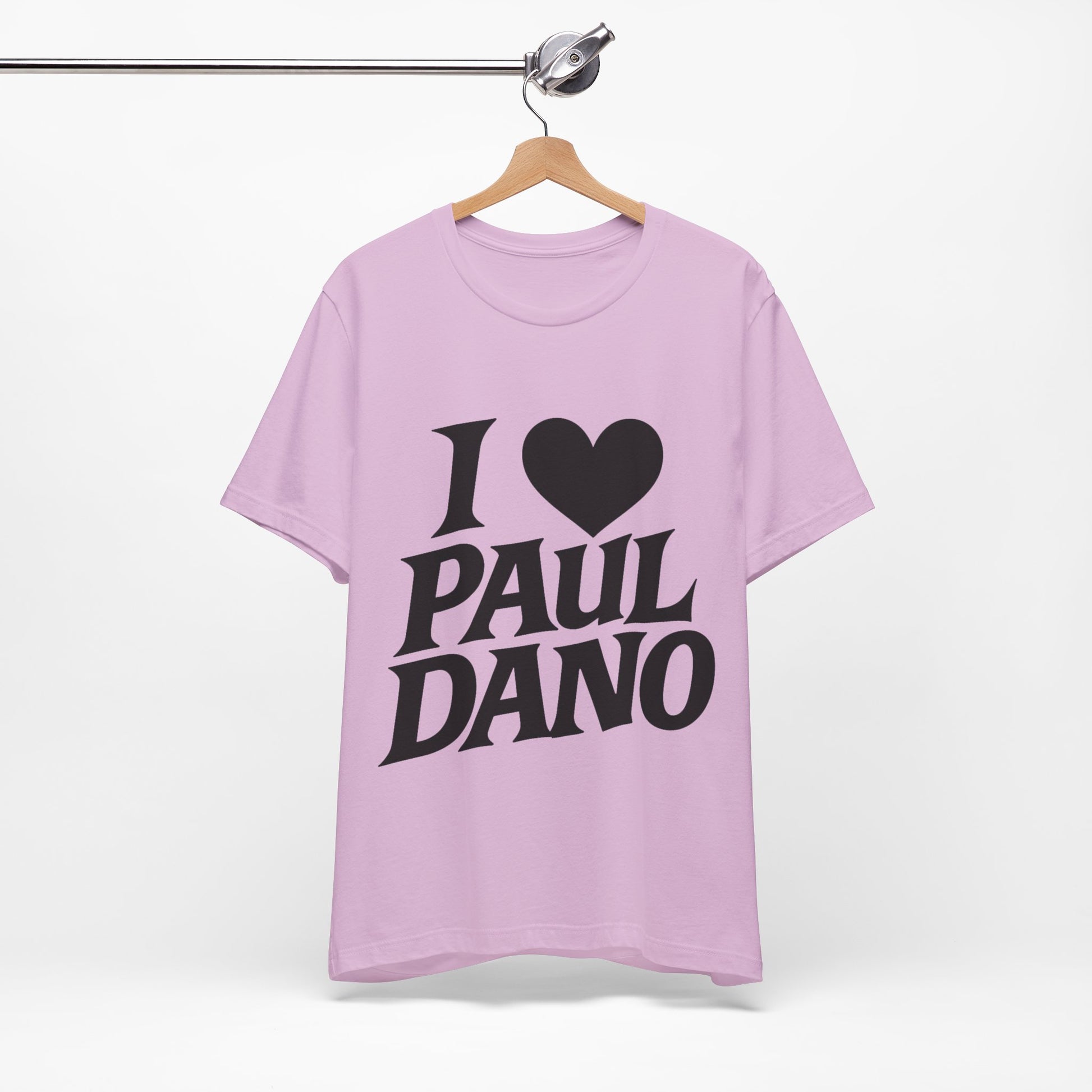Light purple t-shirt with 'I ❤️ Paul Dano' text on a hanger against a white background