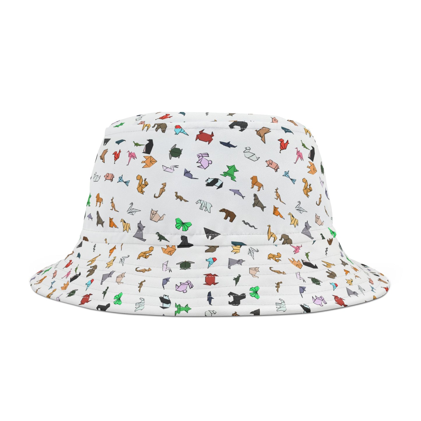 Side view of patterned bucket hat with colorful origami animal pattern