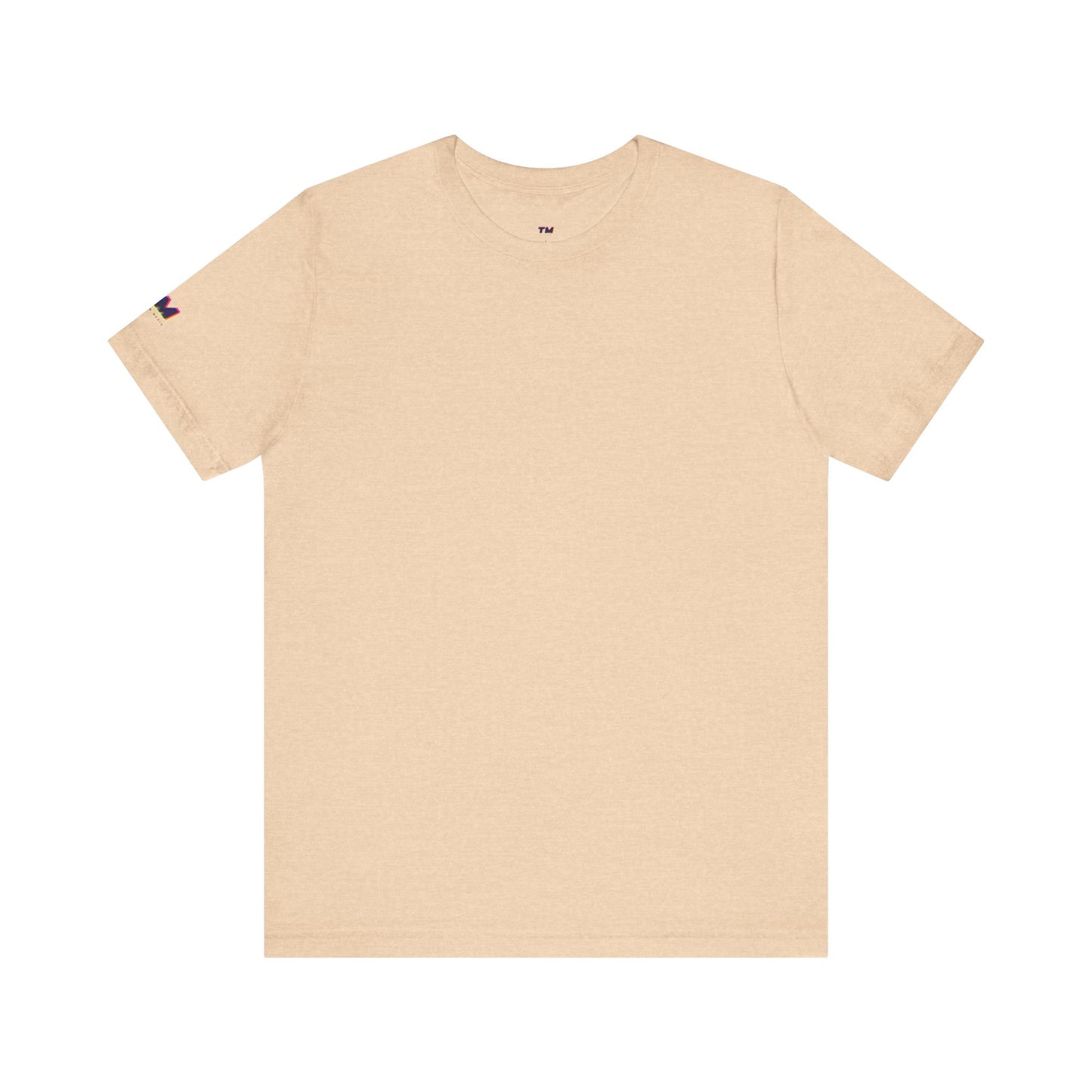 Beige t-shirt with a small logo on the chest against a white background