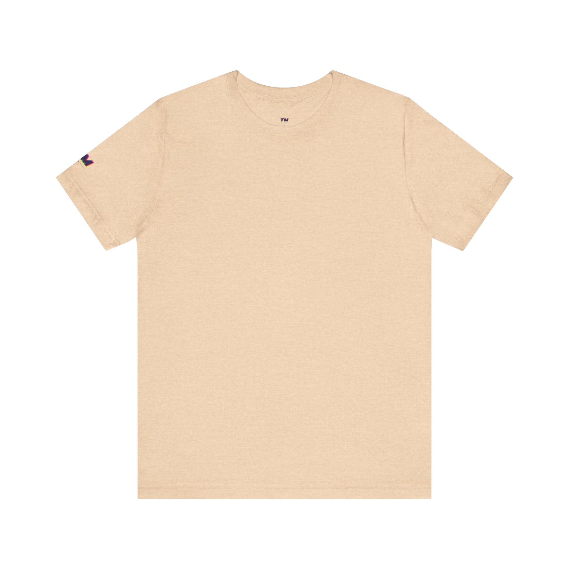 Beige t-shirt with a small logo on the chest against a white background