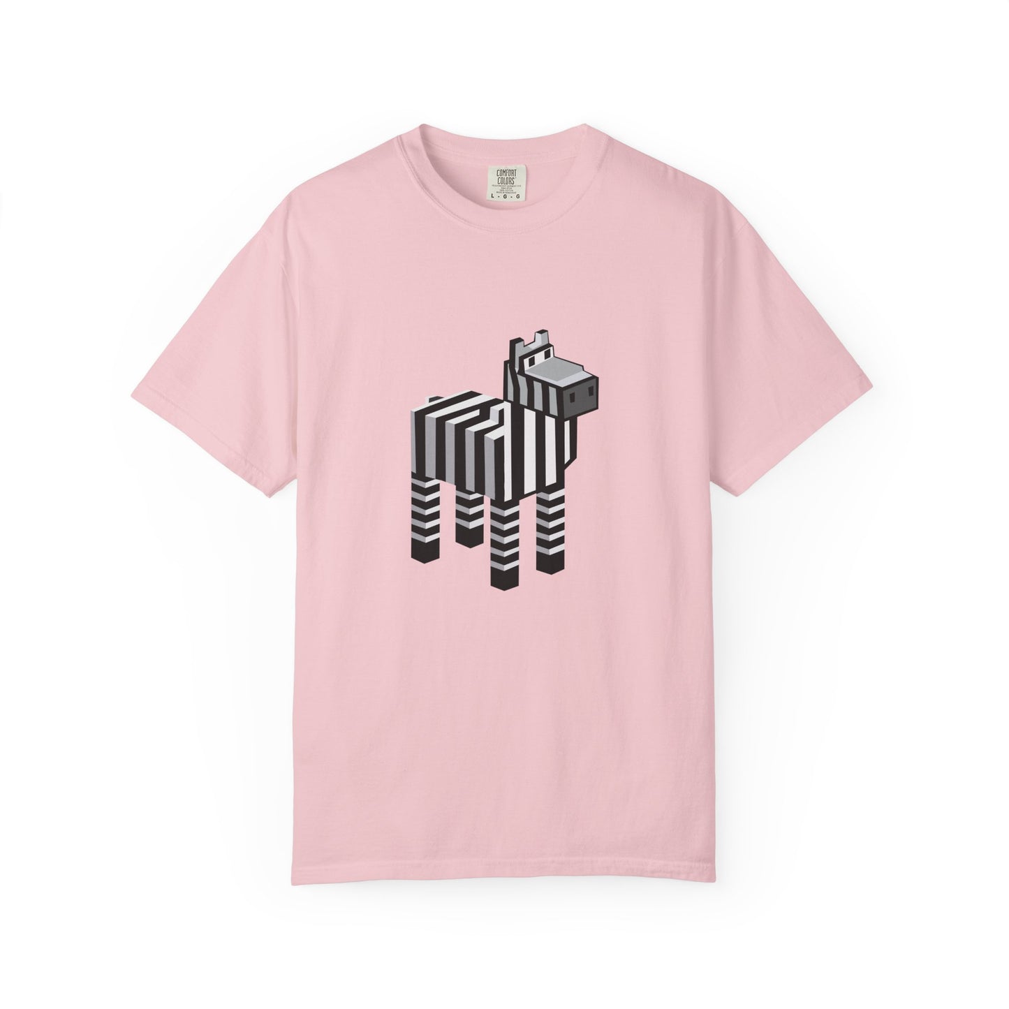 Pixel Zebra T-Shirt front view on pink shirt