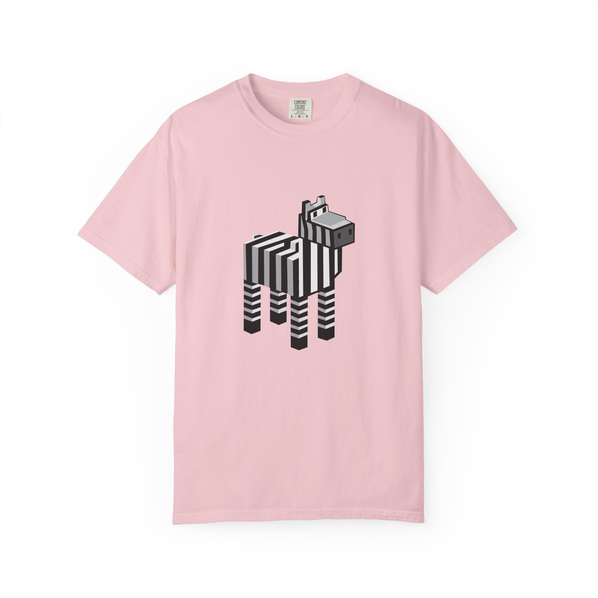 Pixel Zebra T-Shirt front view on pink shirt