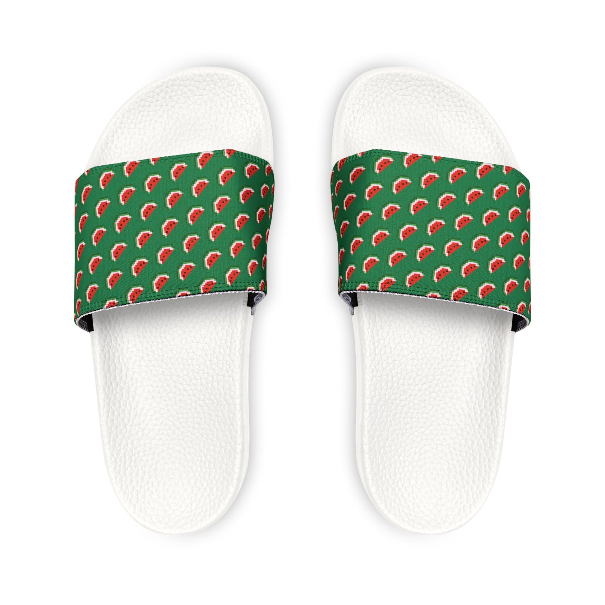 Top view of Watermelon White Slide Sandals with patterned straps.