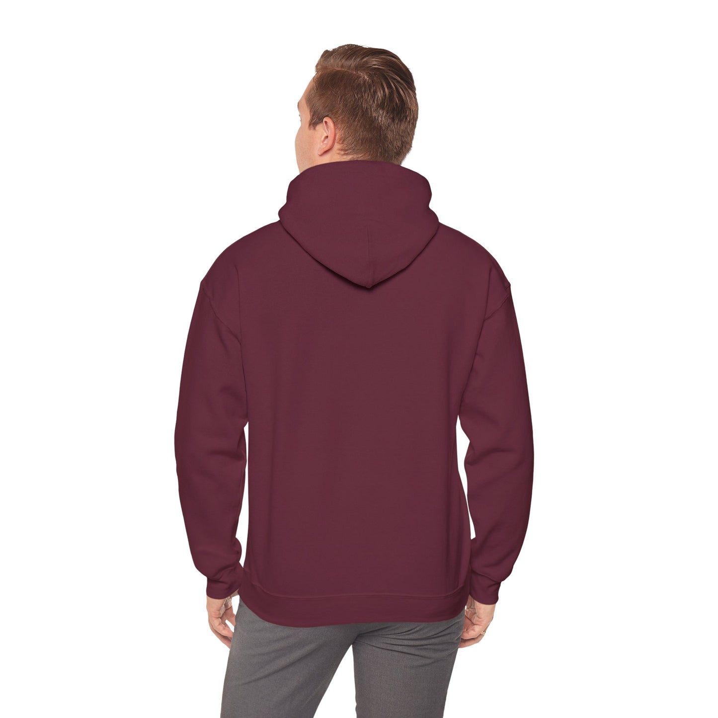 Male model showing back view of maroon OG NJ Housewives Hooded Sweatshirt with hood down.