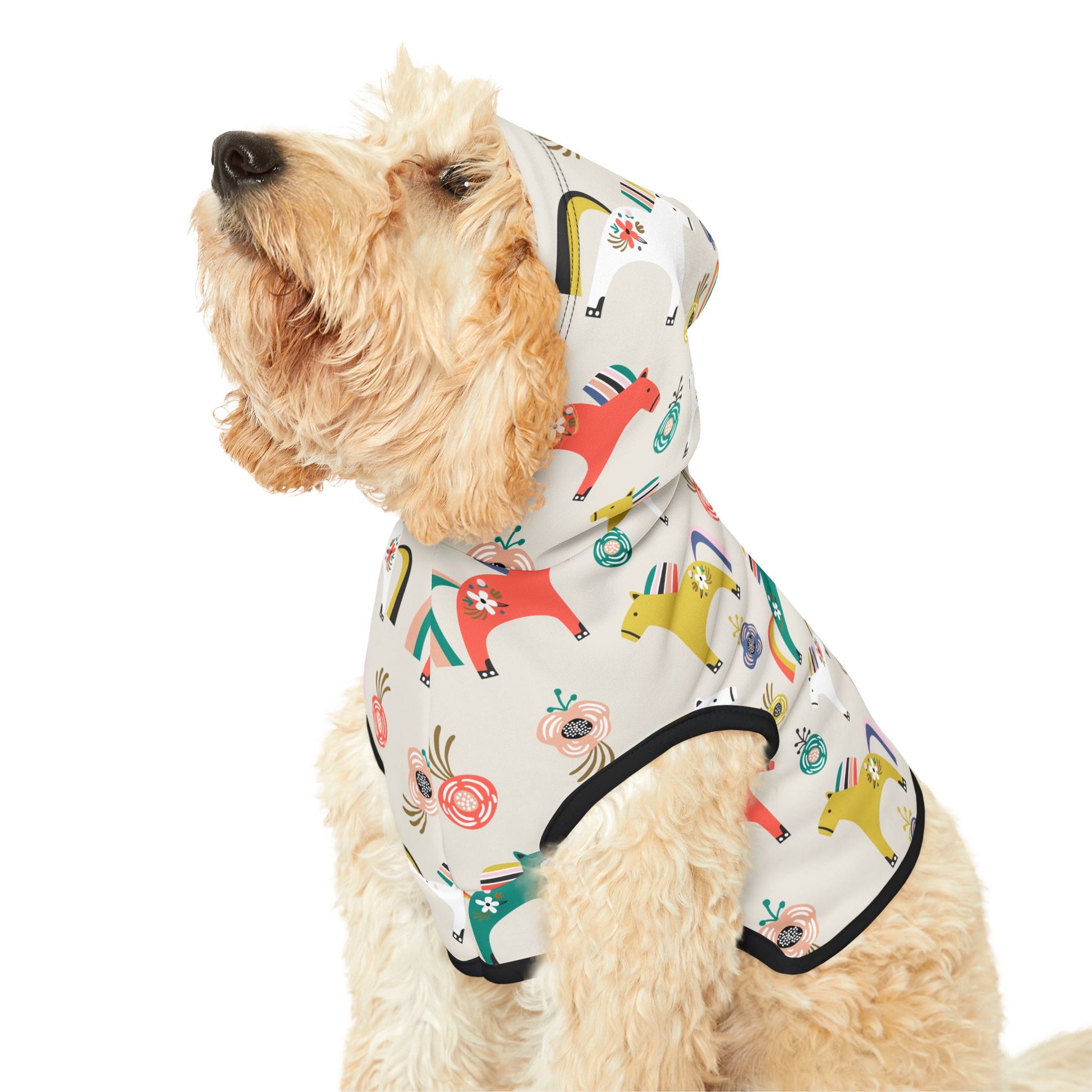 Dog wearing Horses Pet Hoodie with hood up, facing side view