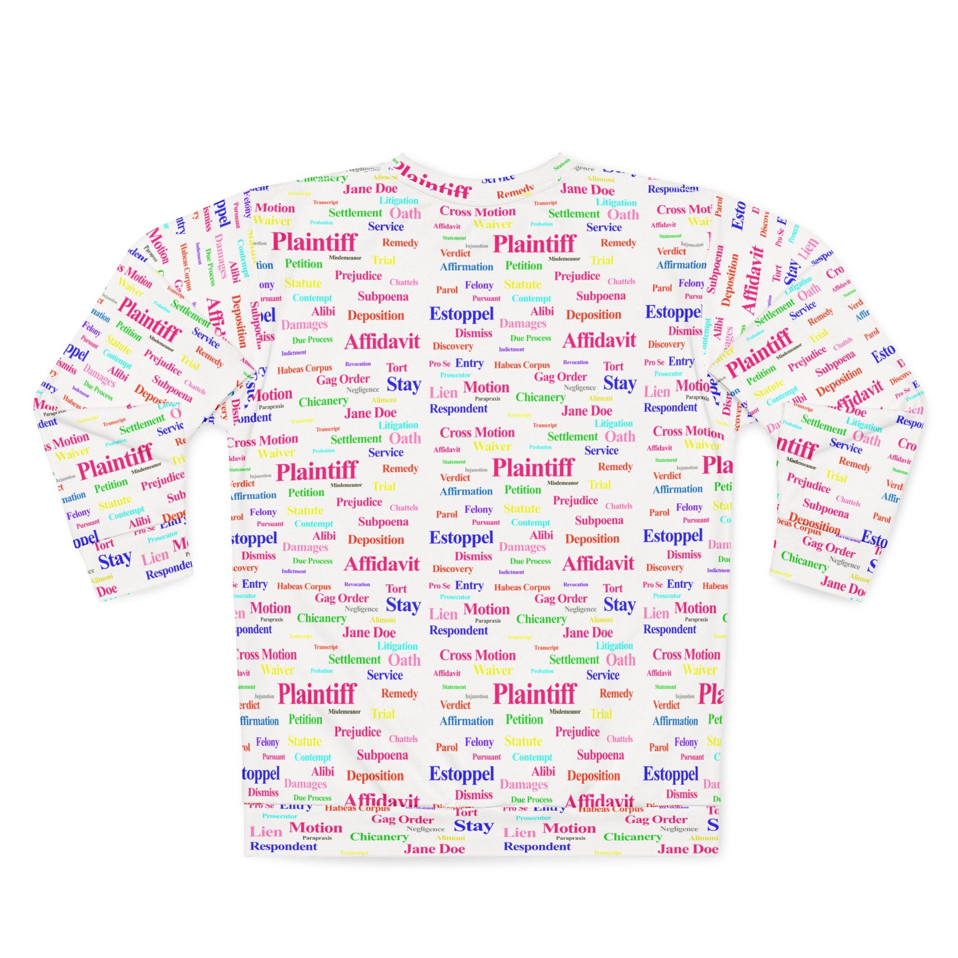 Back view of Legalese Sweatshirt with colorful legal terms print, unisex crew neck for law students.