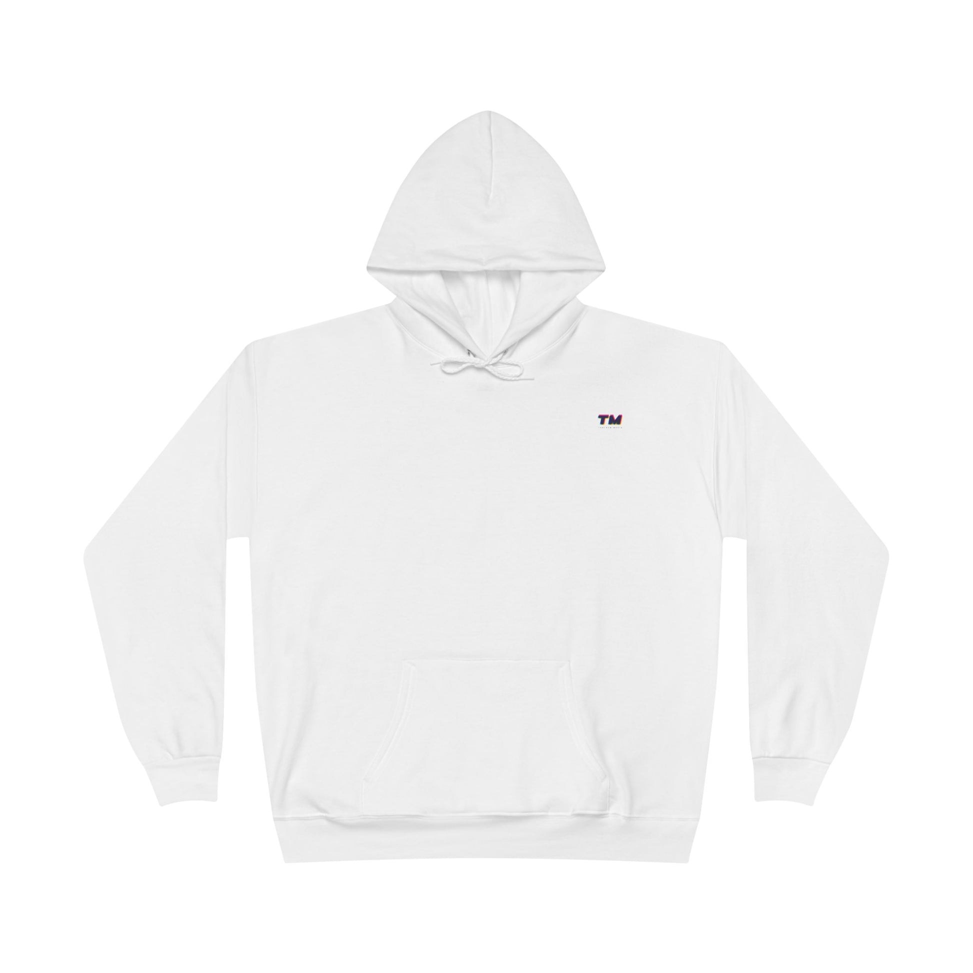 Flat lay of white EcoSmart hoodie with small embroidered TM logo on chest.