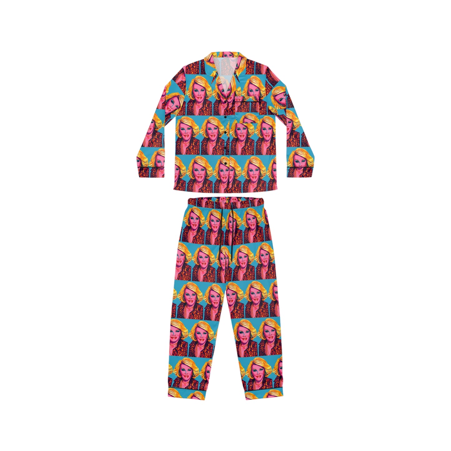 Front view of Joan Fashion Police women’s satin pajama set showing button front shirt and drawstring waist pants with pop art print.