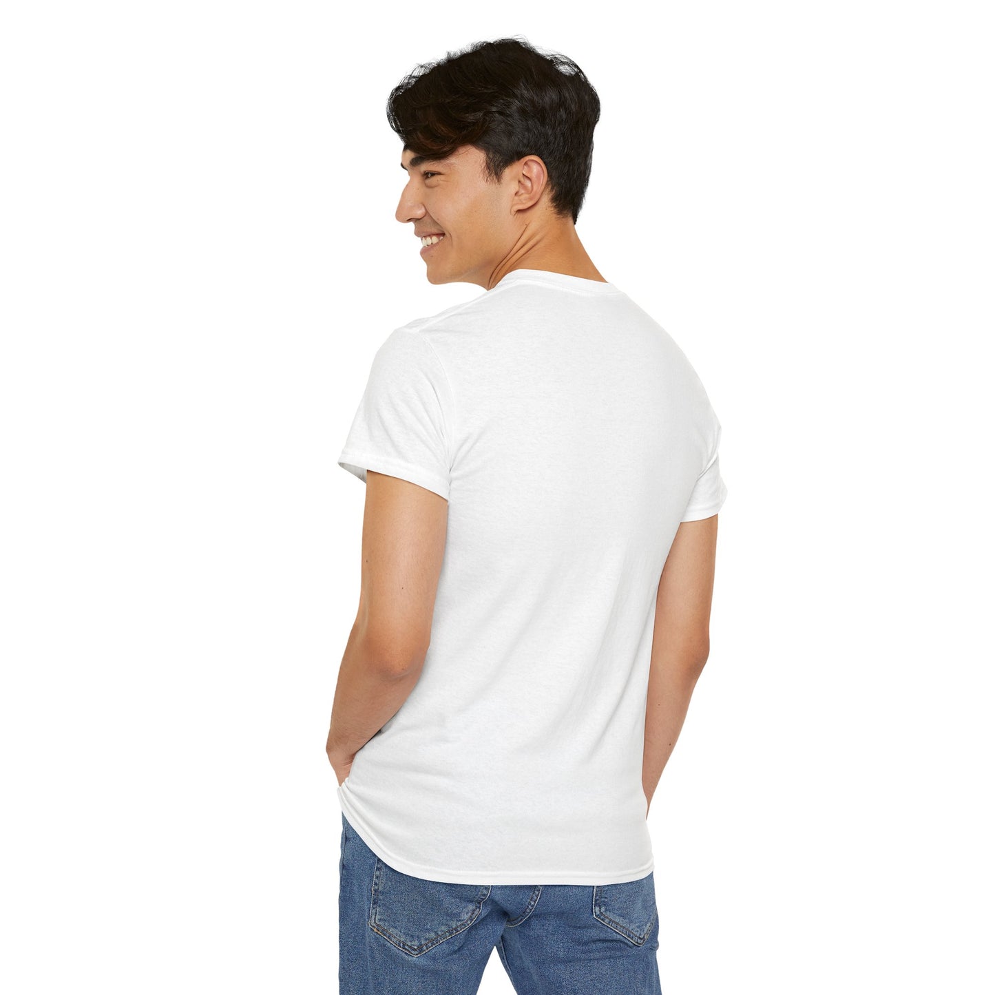 Man wearing a white t-shirt and blue jeans on a white background
