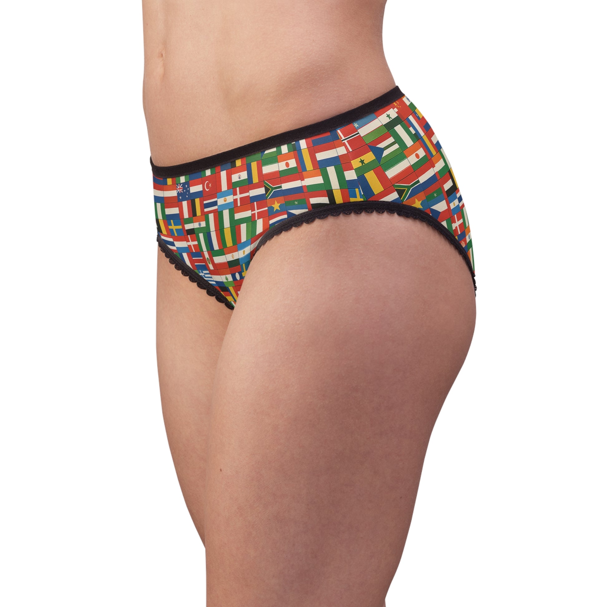 side view of womens global flags panties, fitted colorful international print underwear