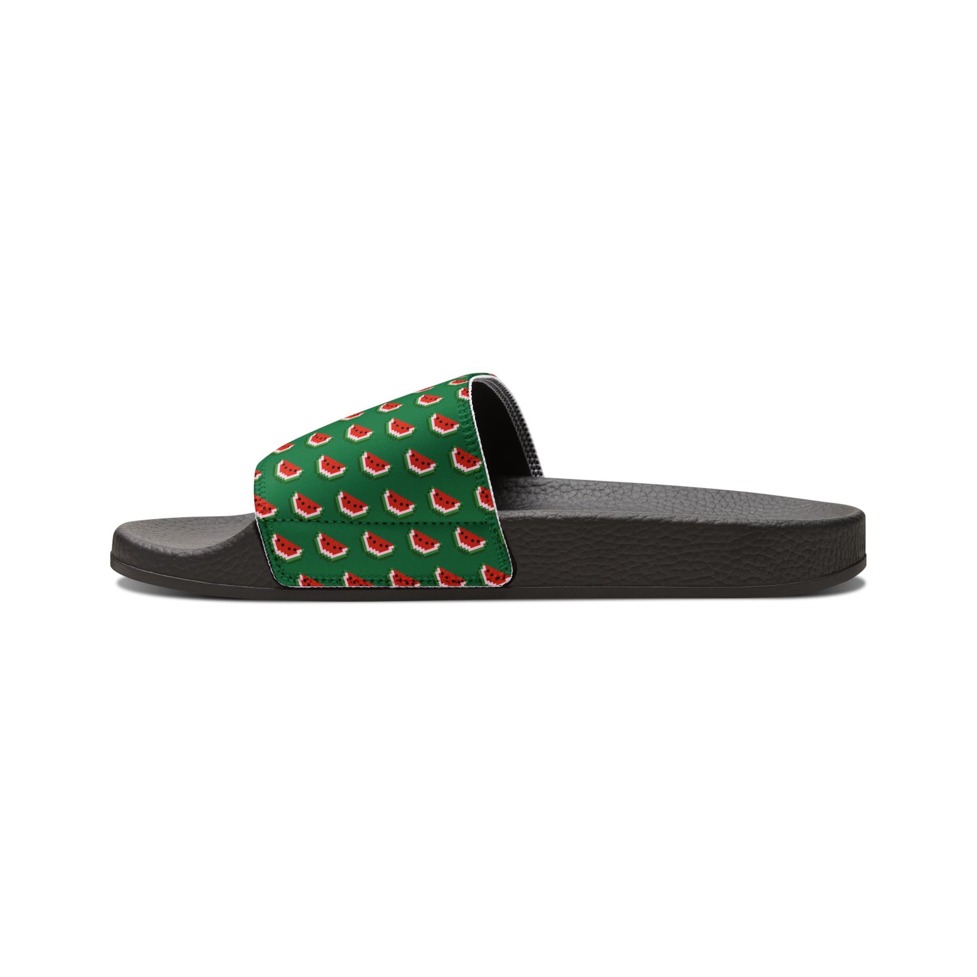 Opposite side view of Watermelon Green Slide Sandal with black sole and patterned strap.