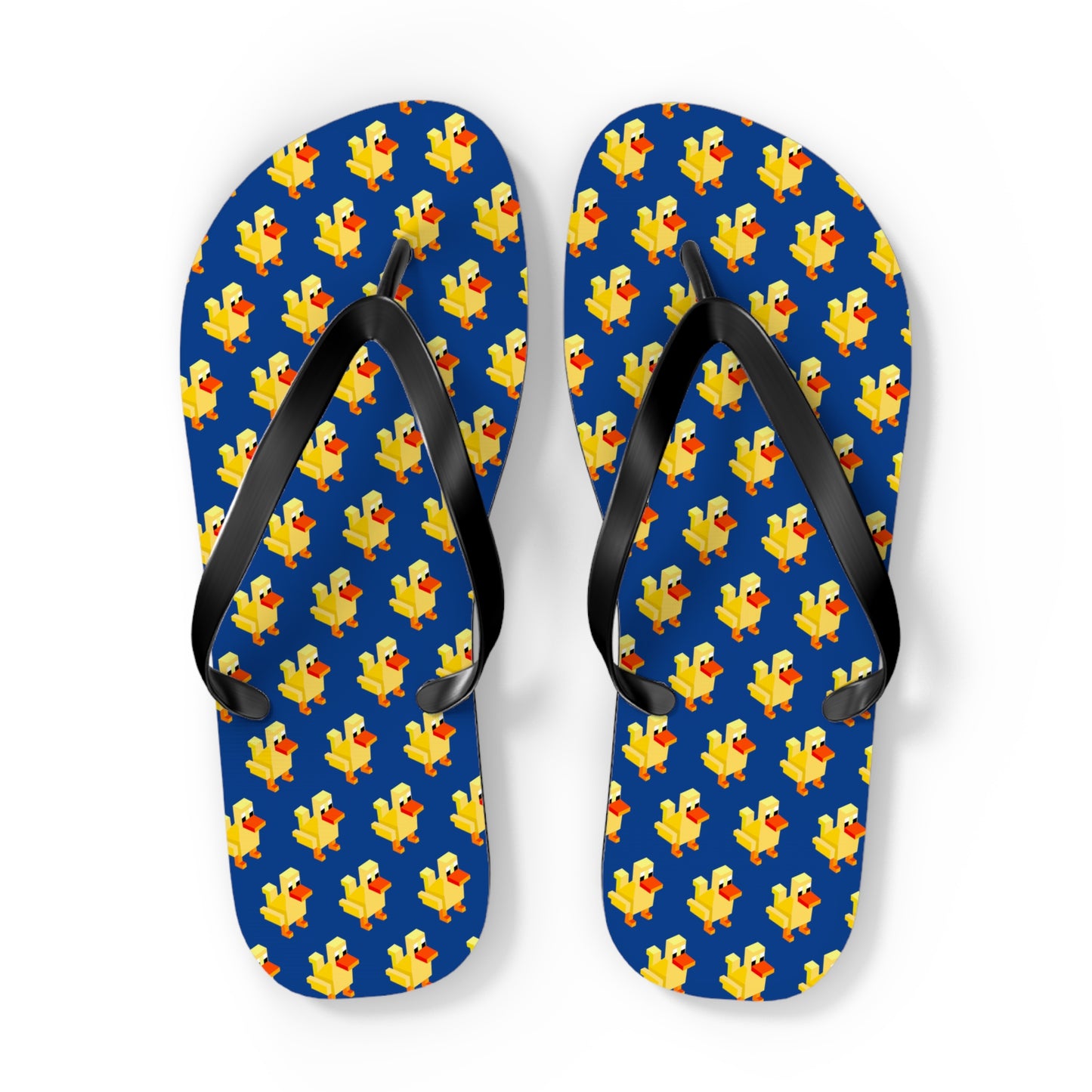 Front view of arcade duck flip flops showing colorful pixel pattern
