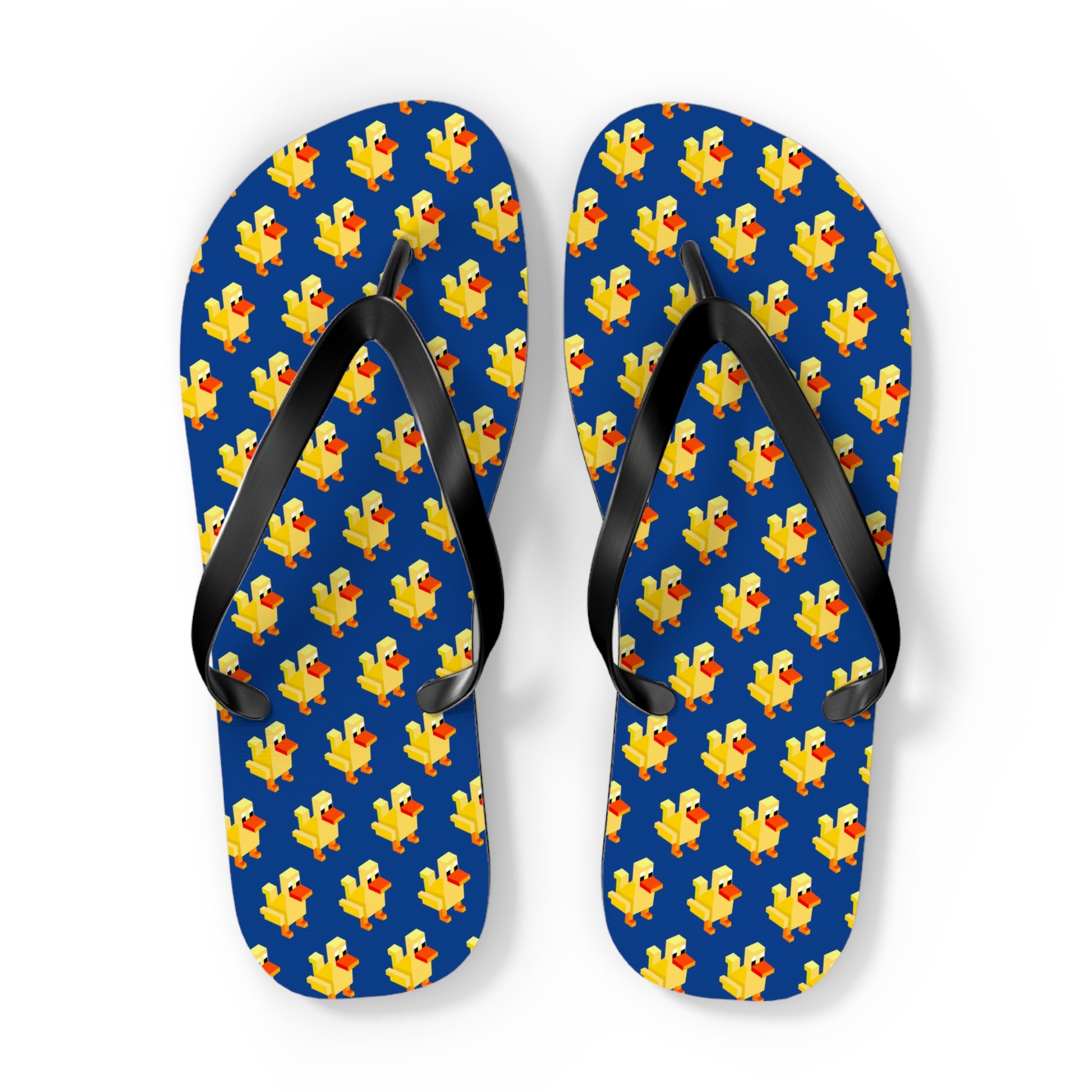 Front view of arcade duck flip flops showing colorful pixel pattern