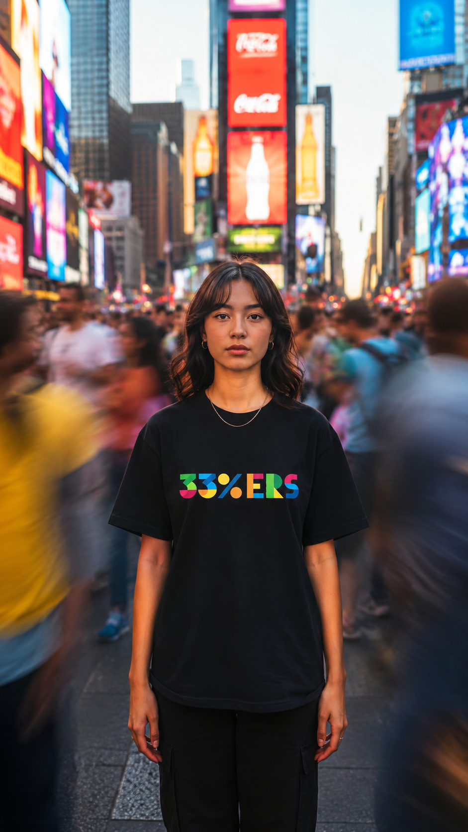 Female model wearing black 33%ERS t-shirt in vibrant city street.