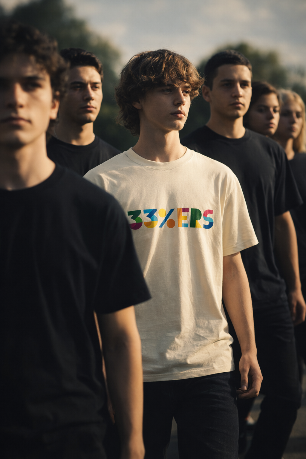 Group of models wearing minimalist streetwear with 33%ERS graphic t-shirt.