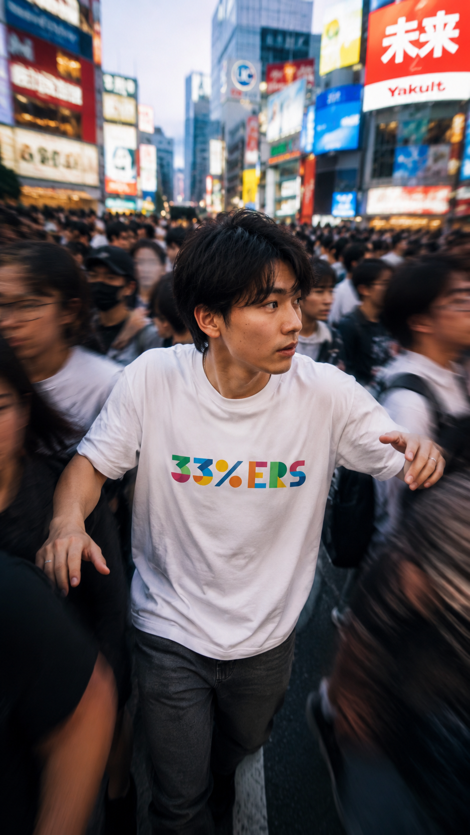 Young man wearing white 33%ERS graphic t-shirt walking through a crowded Tokyo street.