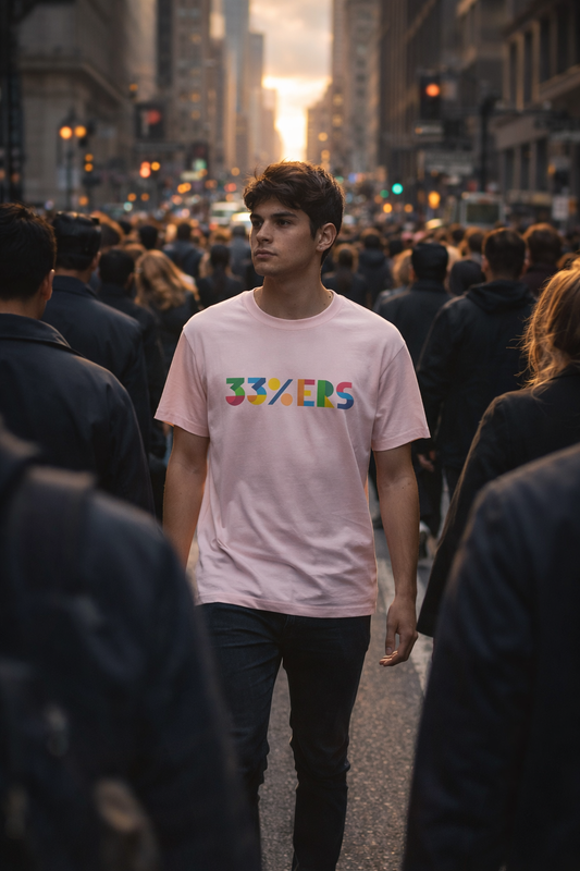 33%ers graphic t-shirt streetwear model walking in city crowd independent mindset apparel