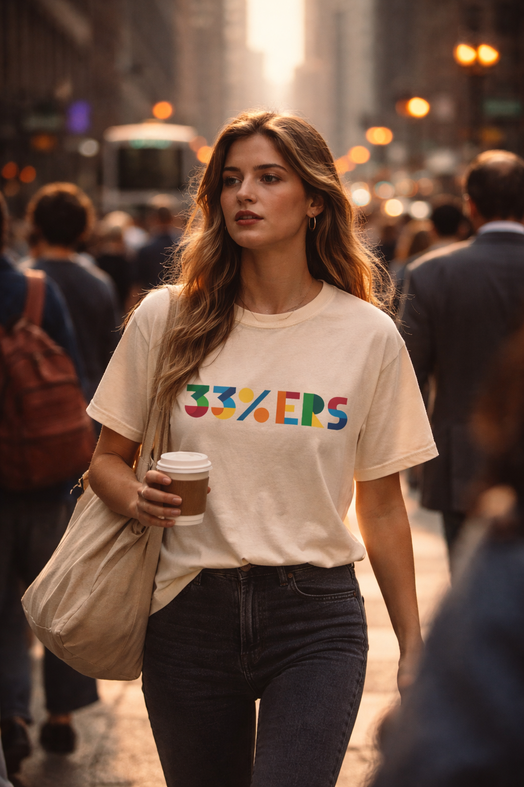 33%ers graphic tee streetwear female model walking city independent thinking apparel