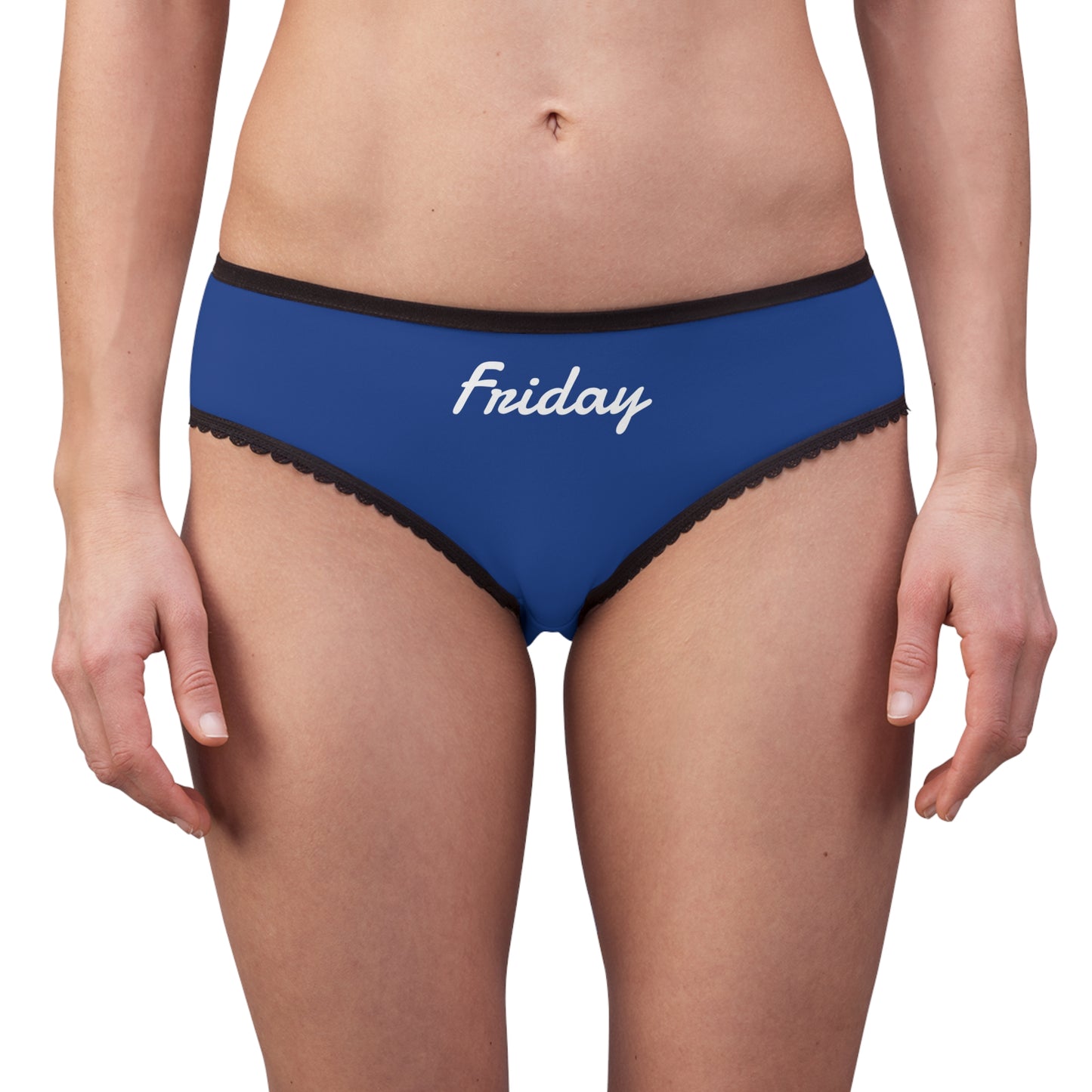 Blue underwear with 'Friday' text on a white background