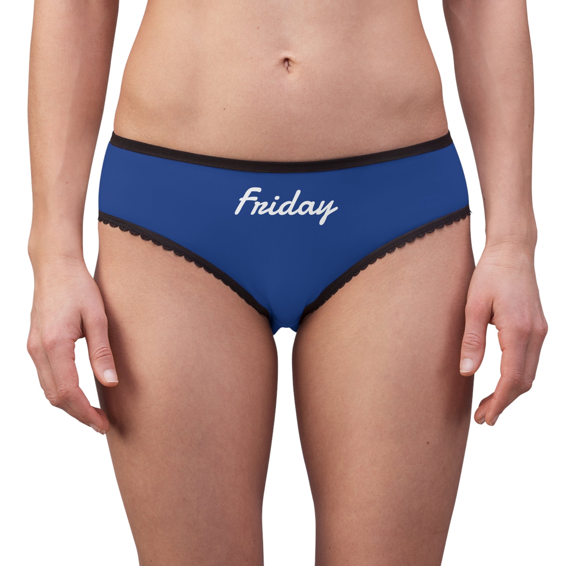 Blue underwear with 'Friday' text on a white background