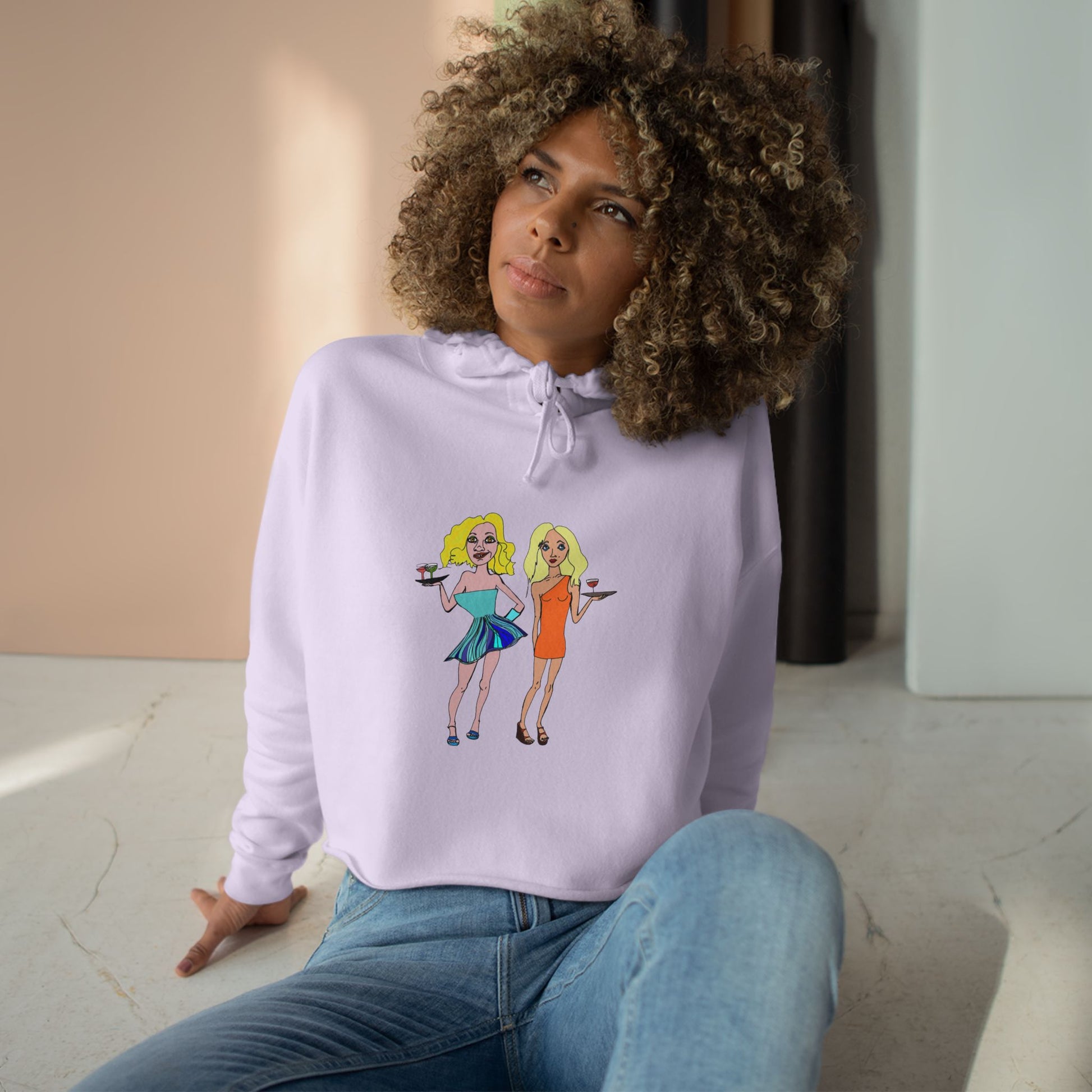 Waitress Crop Unisex Hoodie in lavender shown from the back