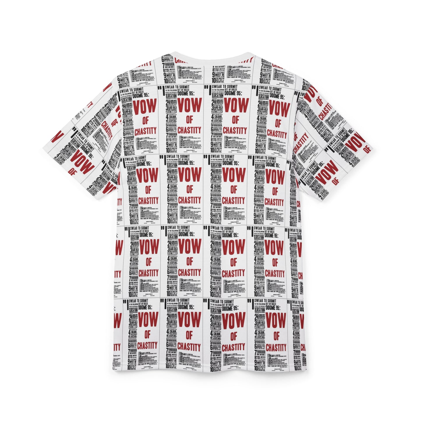 Back view of Dogma 95 Unisex T-shirt showing repeating Vow of Chastity design pattern across the back panel.