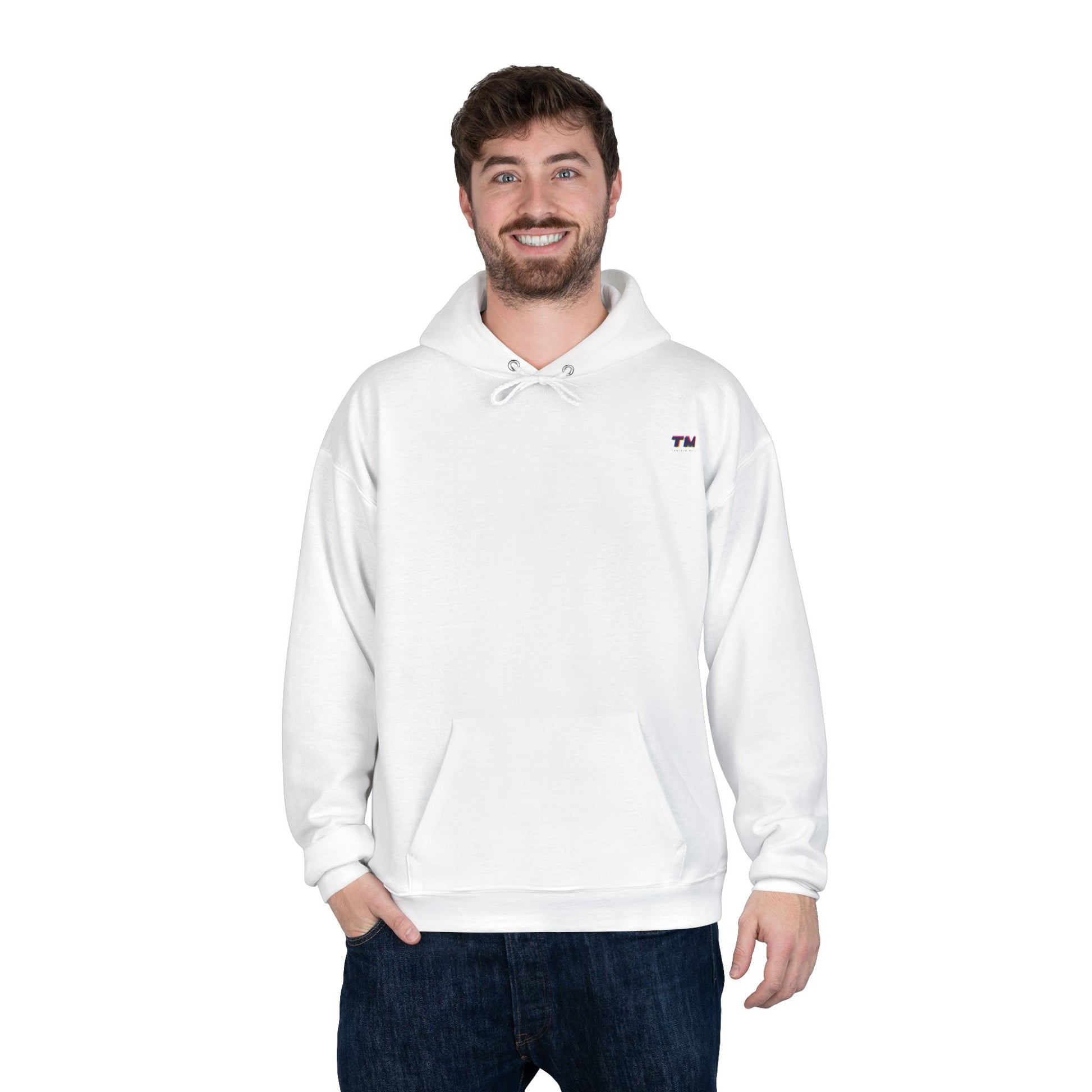 Man wearing white EcoSmart hoodie with casual stance.