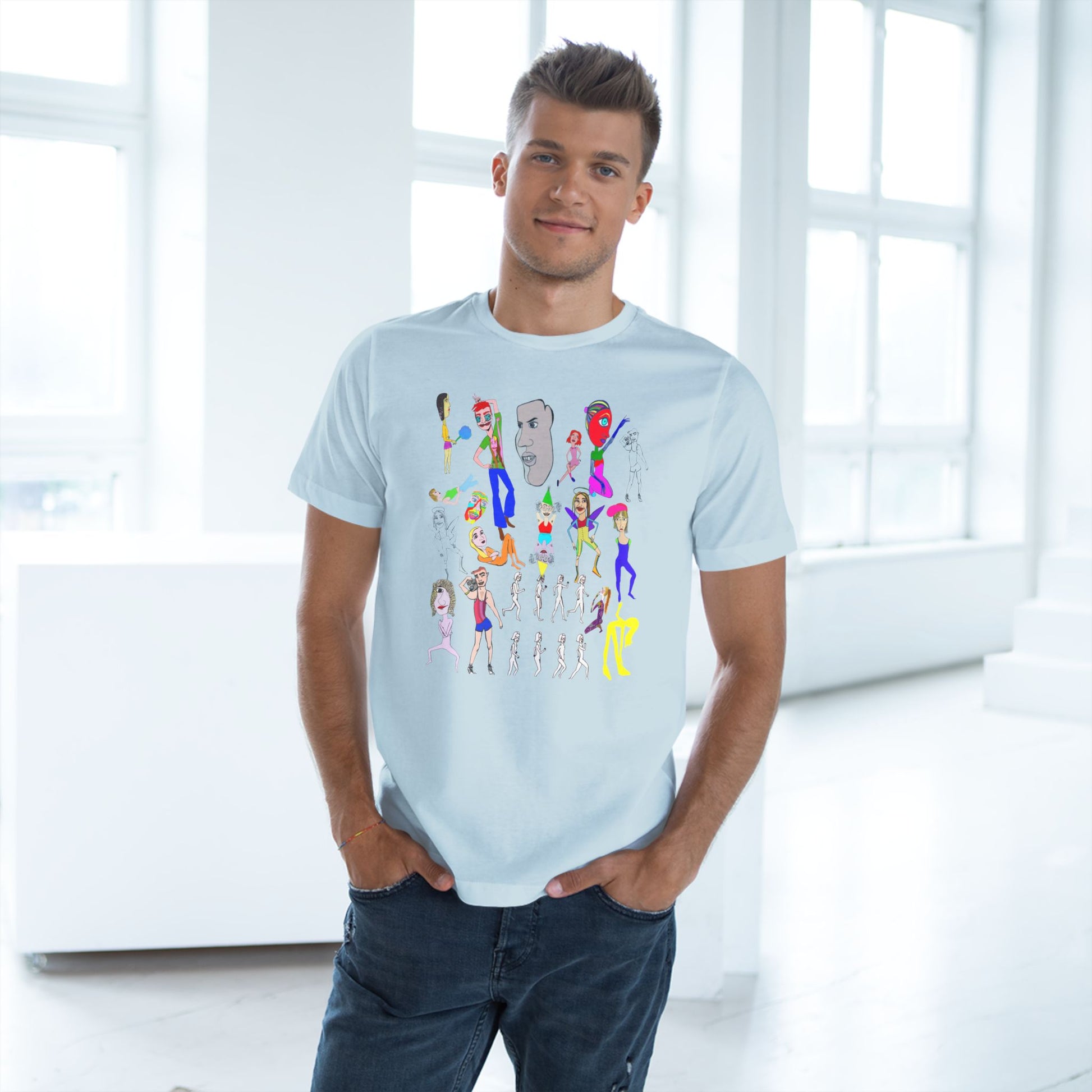 Male model wearing light blue Mix Unisex Deluxe T-Shirt featuring exclusive artistic design.