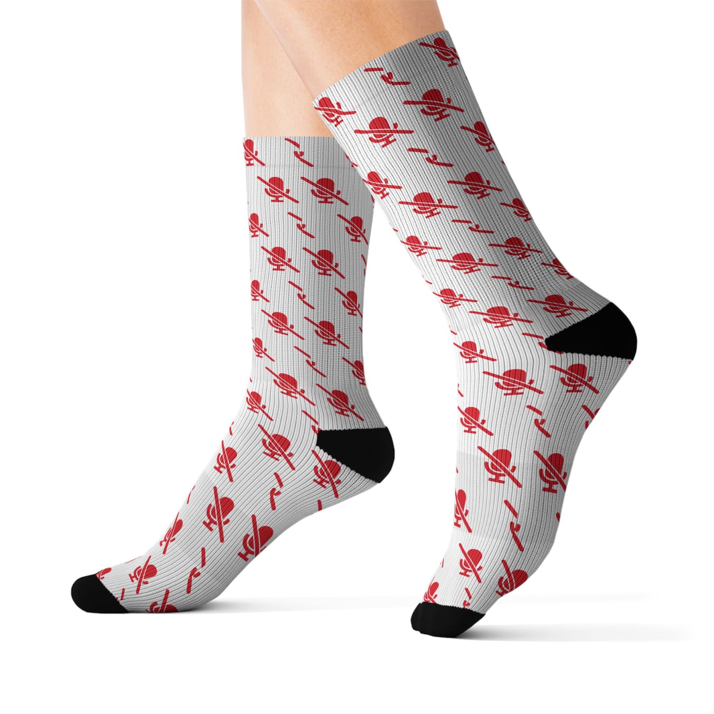mic off crew socks white with red pattern side view worn model