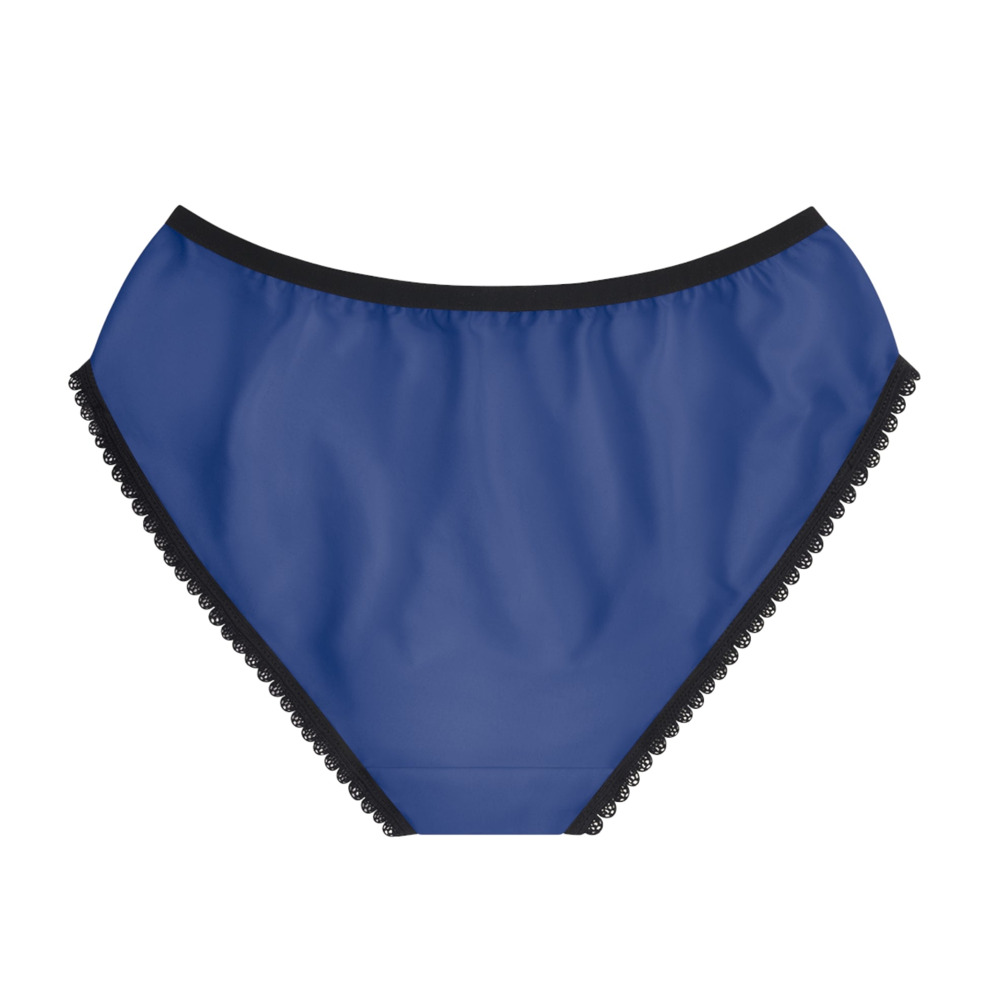Blue high-waisted bikini bottom with black lace trim on a white background