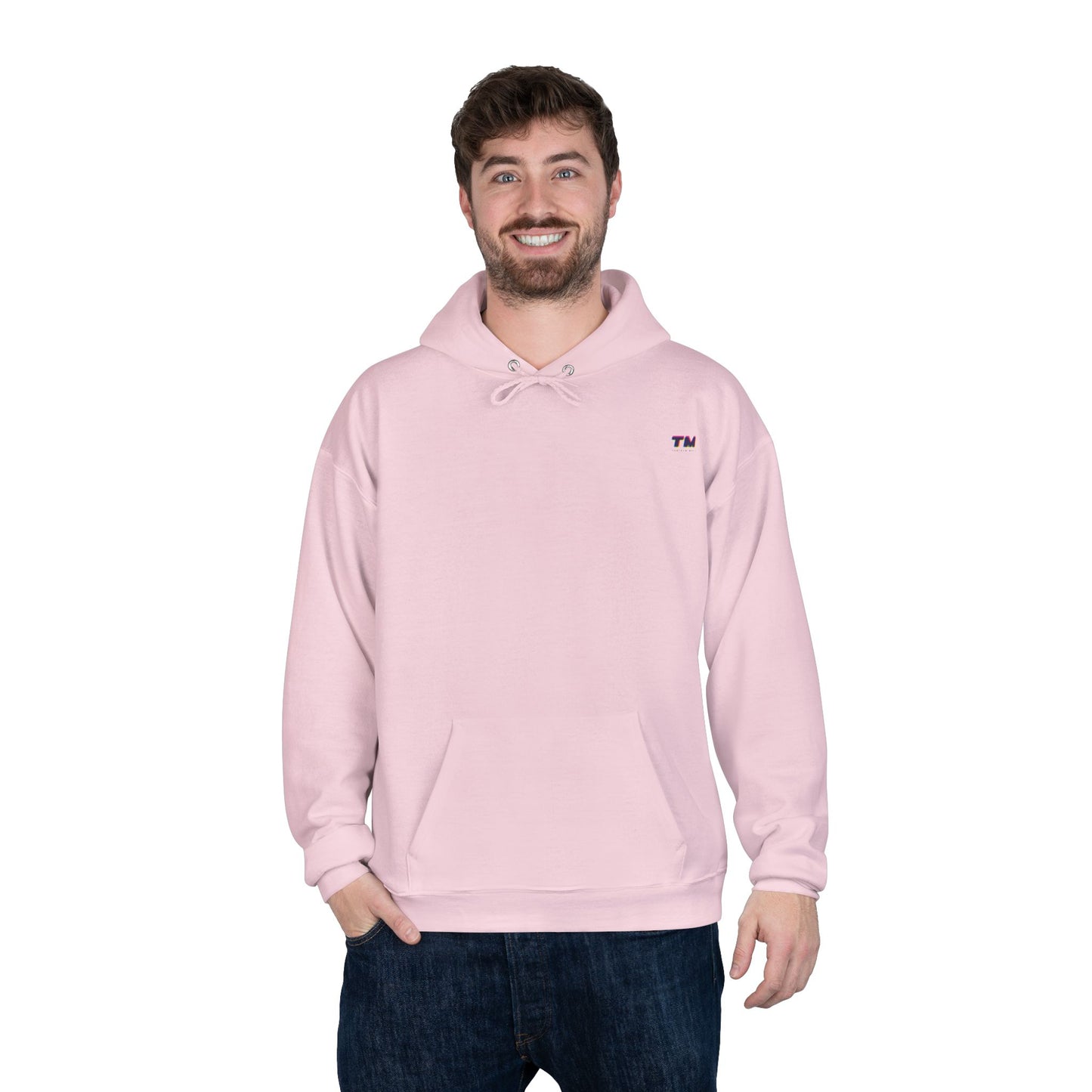 Man wearing light pink EcoSmart hoodie with front pocket.
