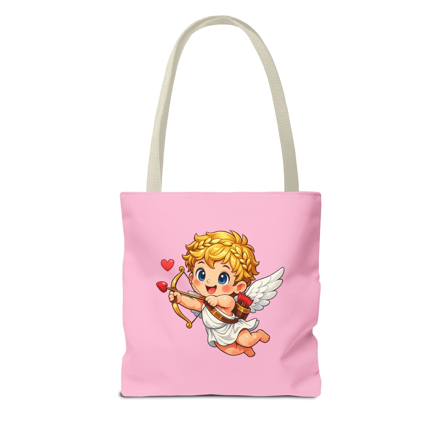 Pink tote bag with cartoon cupid design on a white background