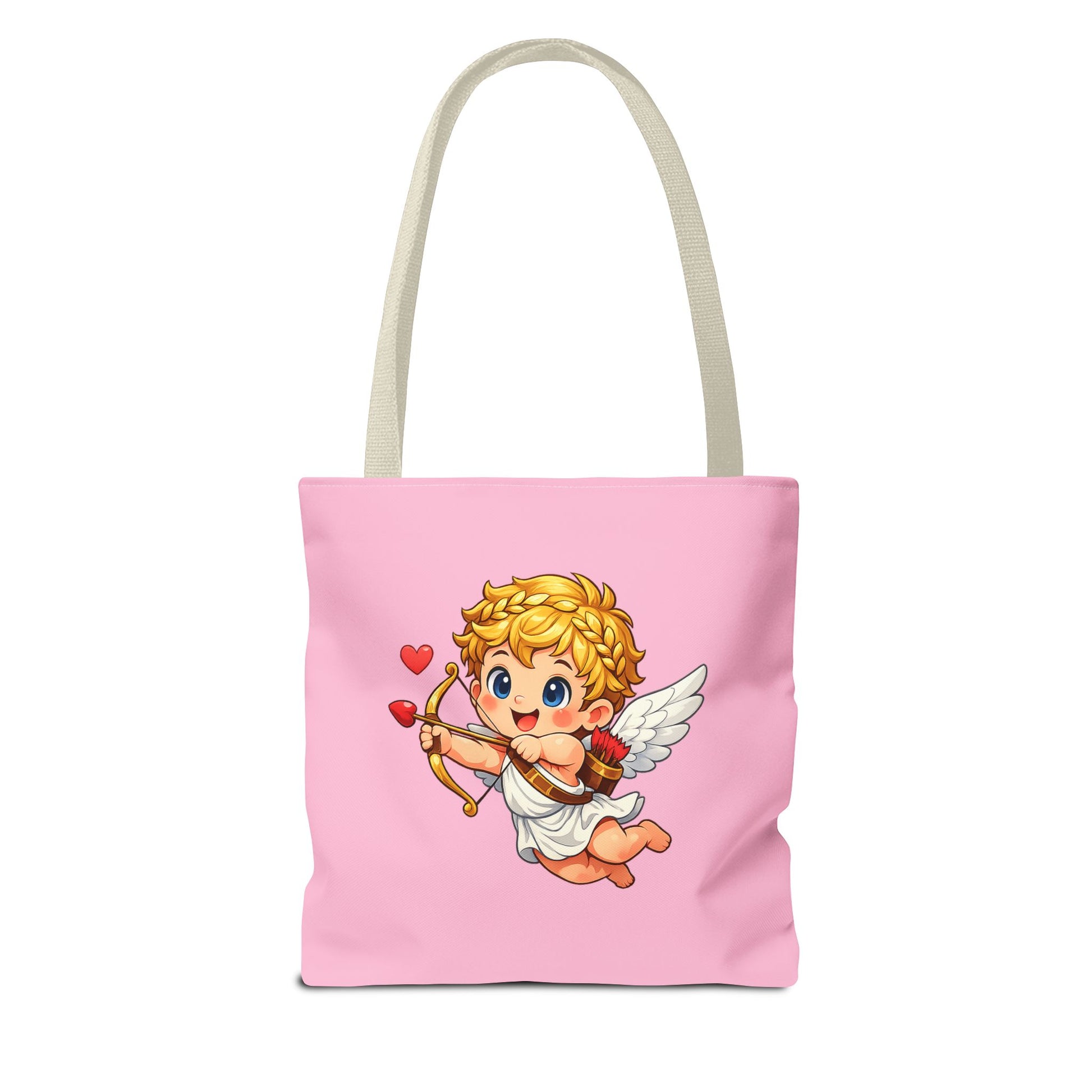 Pink tote bag with cartoon cupid design on a white background