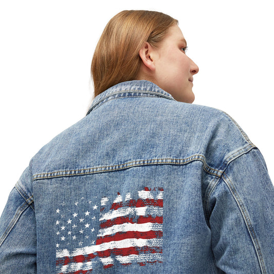 Close-up back view of Americana Women’s Denim Jacket with distressed American flag patch