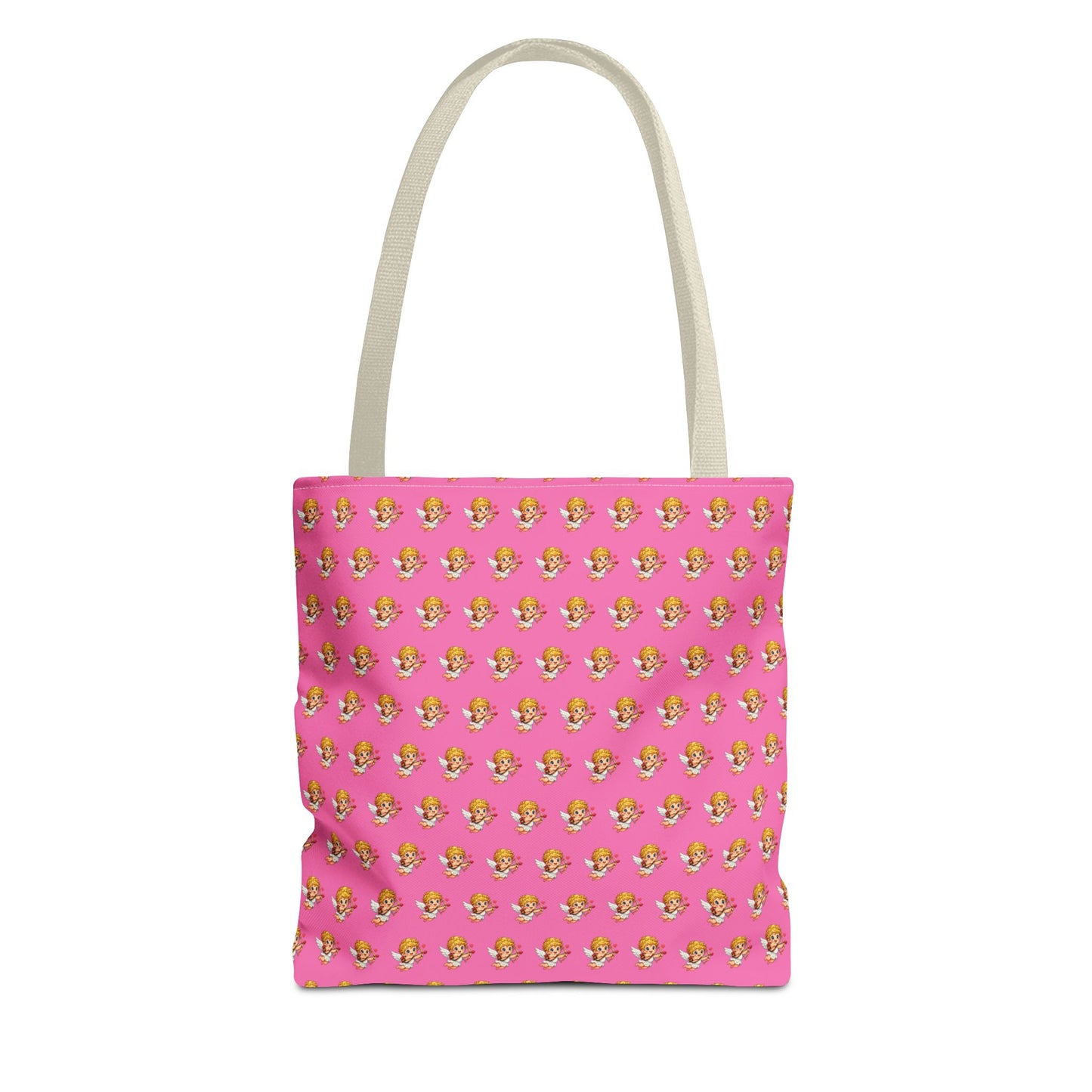 Cupid Tote Bag showing full front design with black shoulder straps
