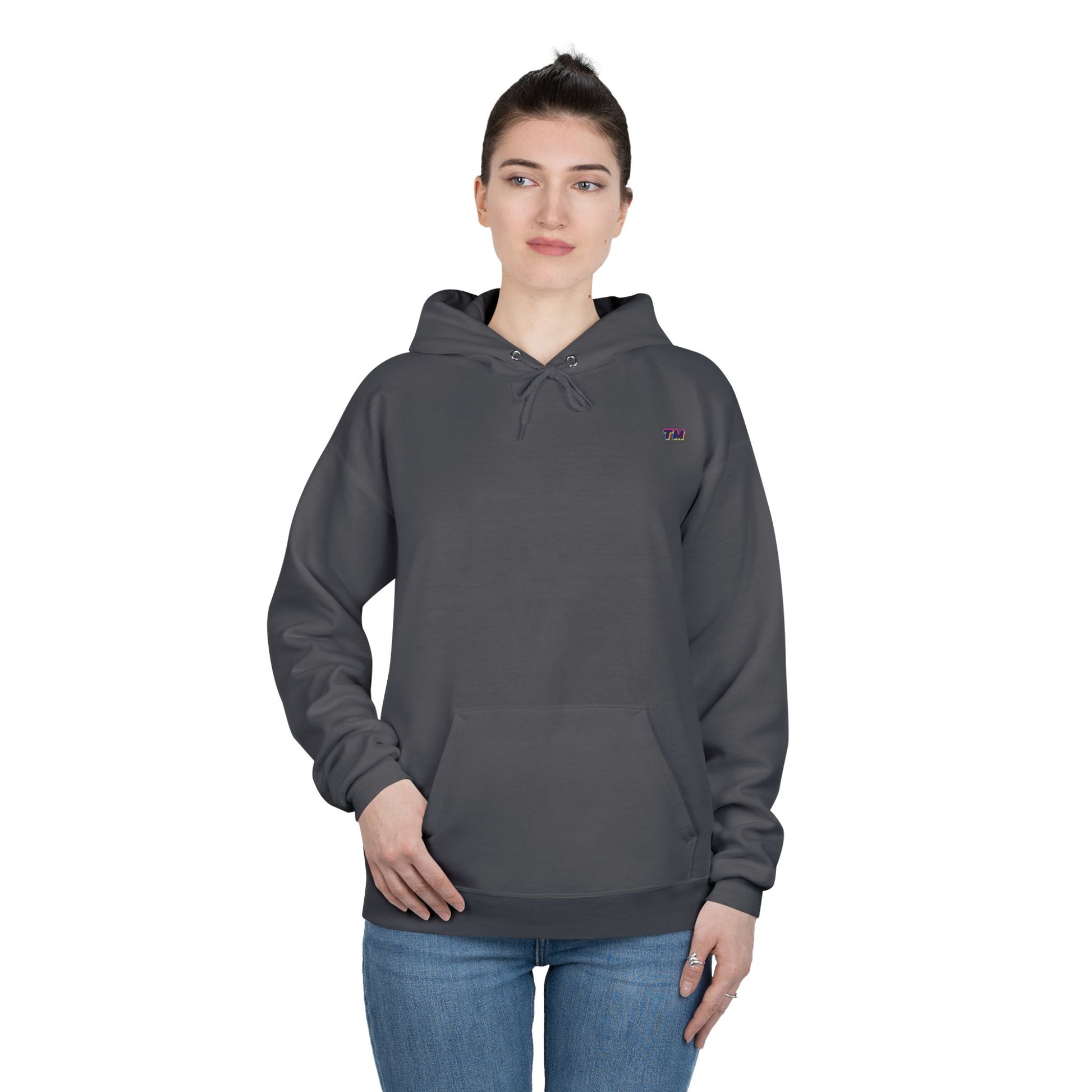 Woman wearing charcoal EcoSmart hoodie styled casually.