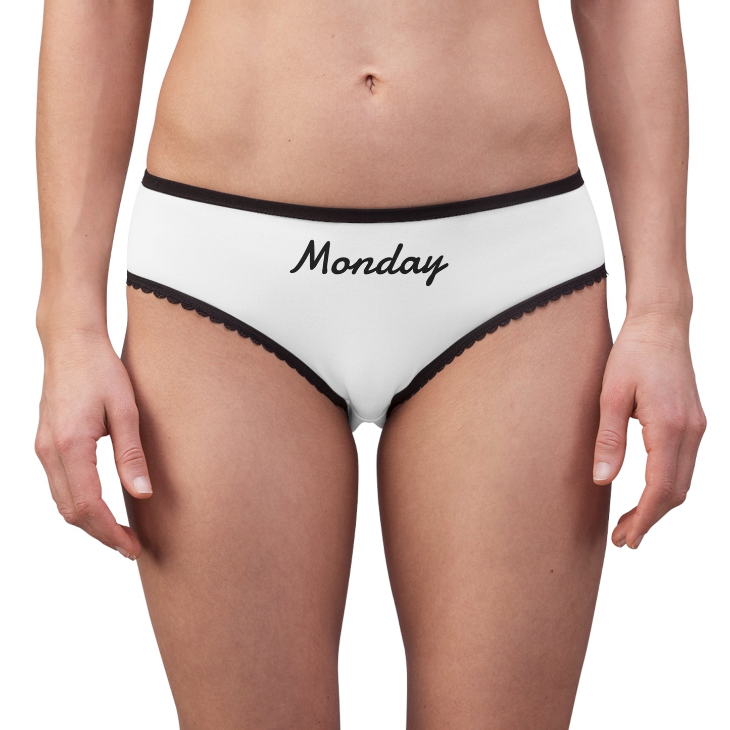woman wearing monday underwear white briefs black trim front view