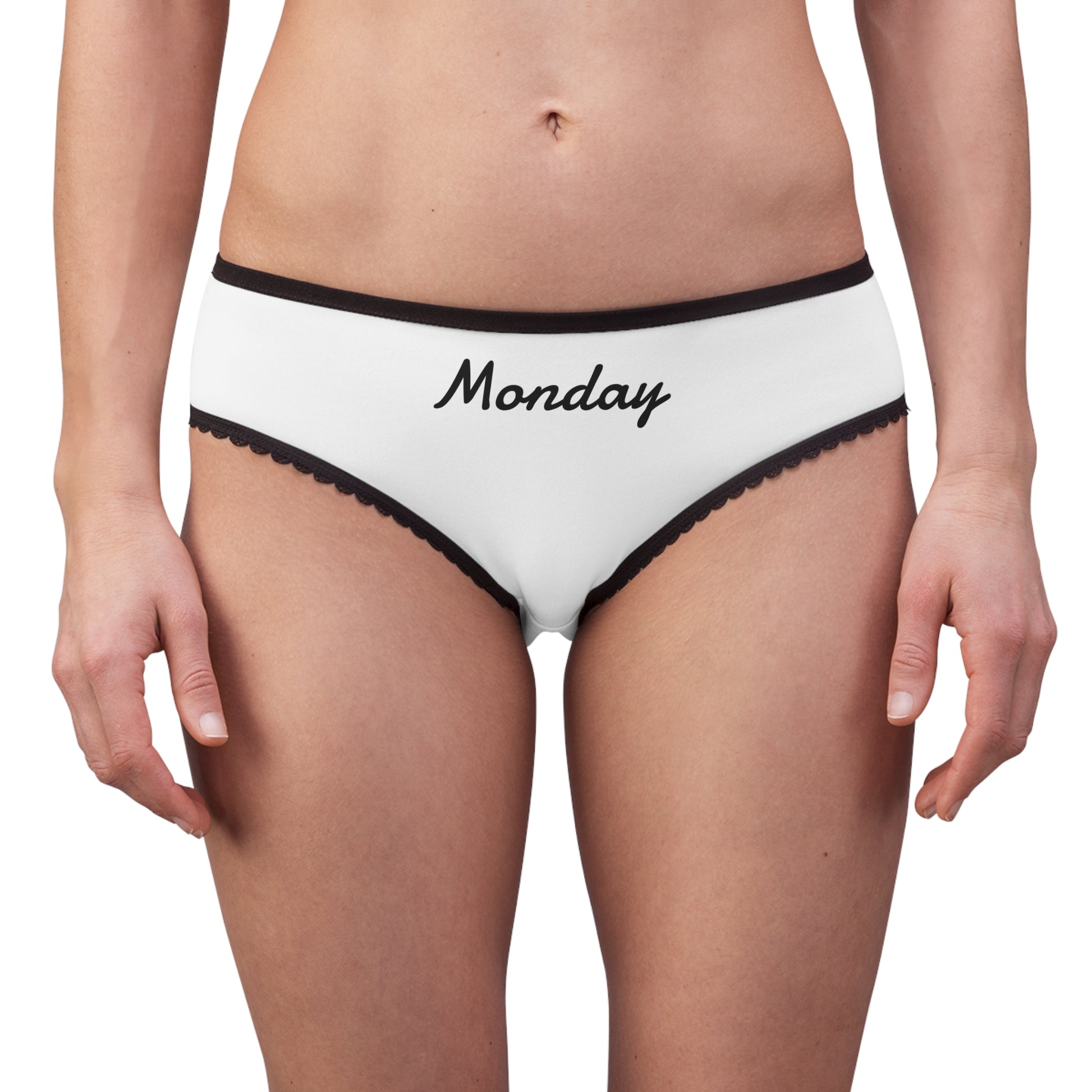woman wearing monday underwear white briefs black trim front view