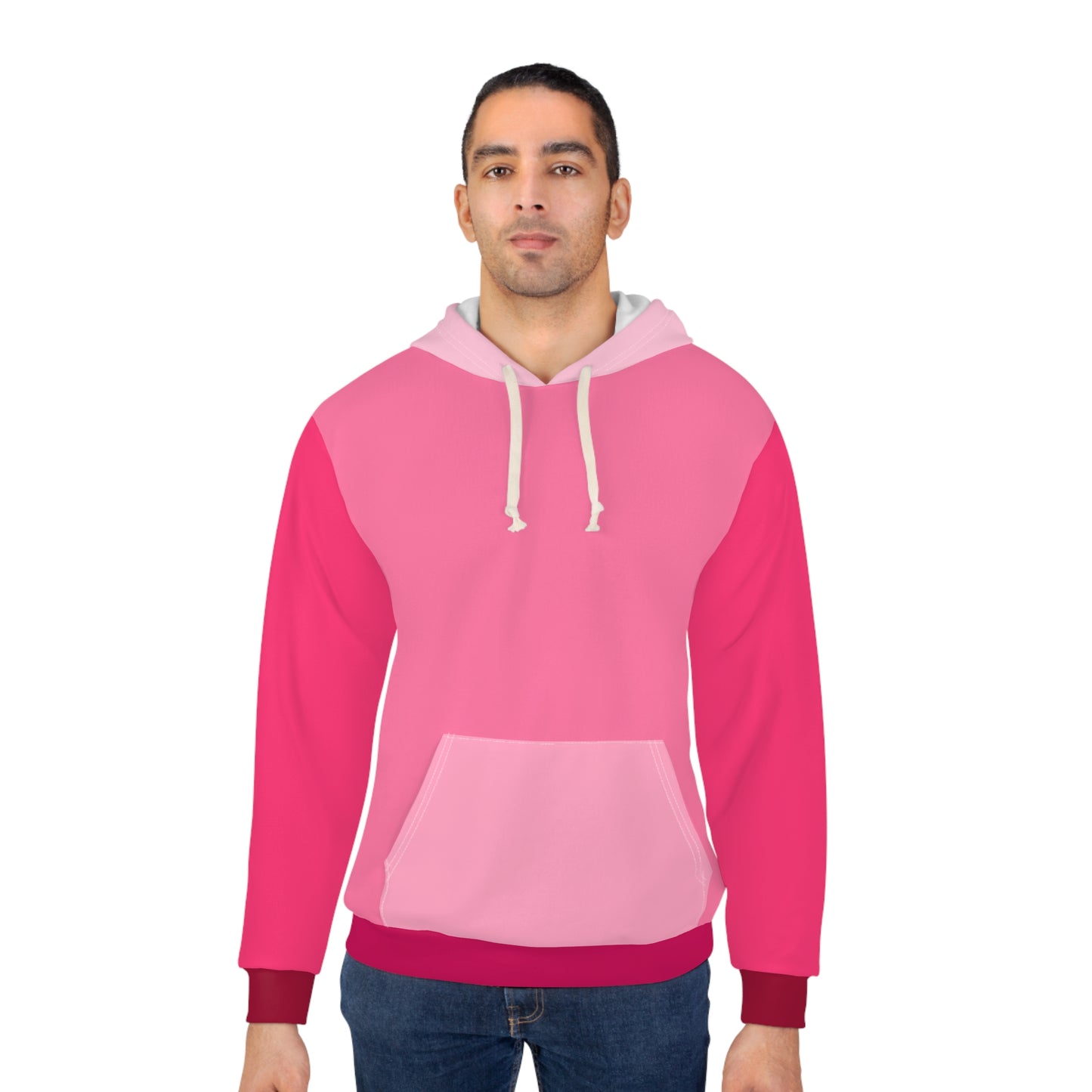 Male model wearing Strawberry Cream Unisex Hoodie featuring bold pink and red tones, classic fit, and trendy streetwear style
