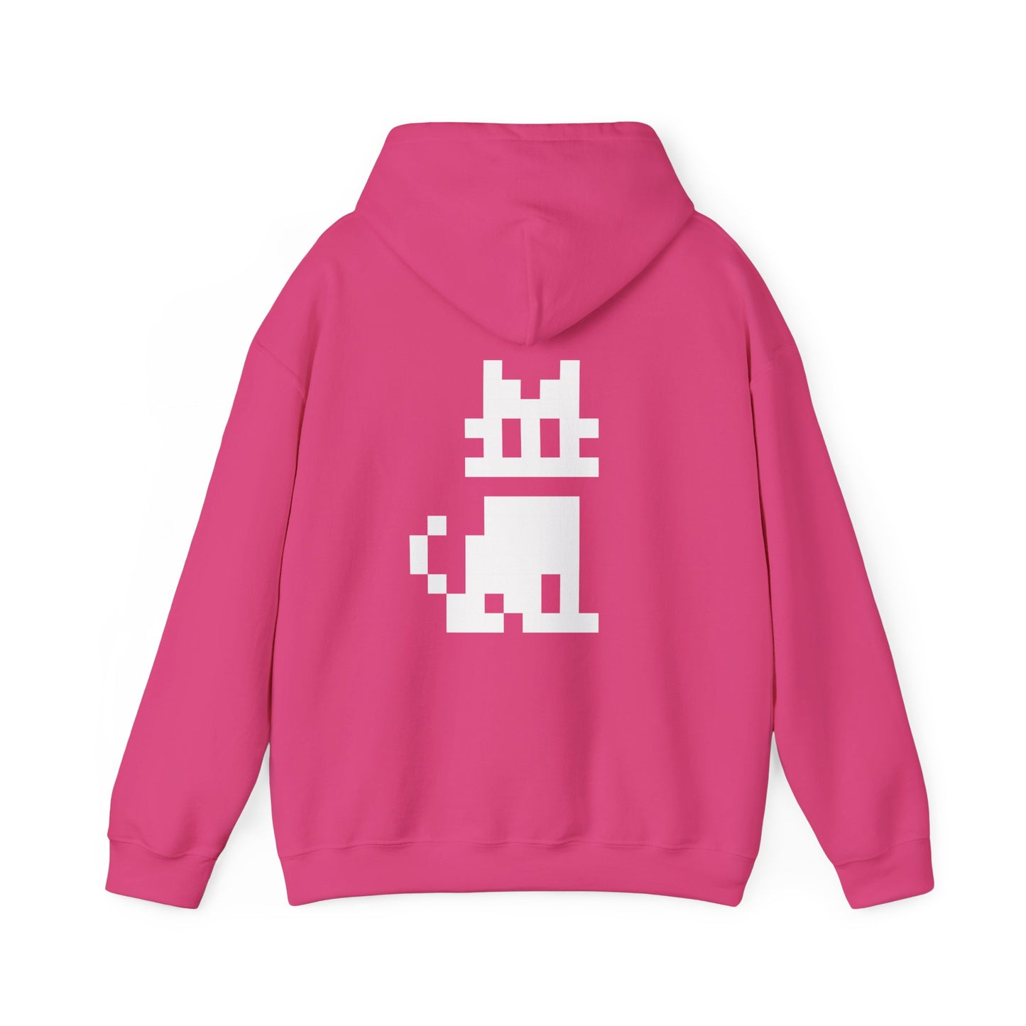 Pixel Cat Unisex Hoodie pink flat lay with pixel cat graphic on back
