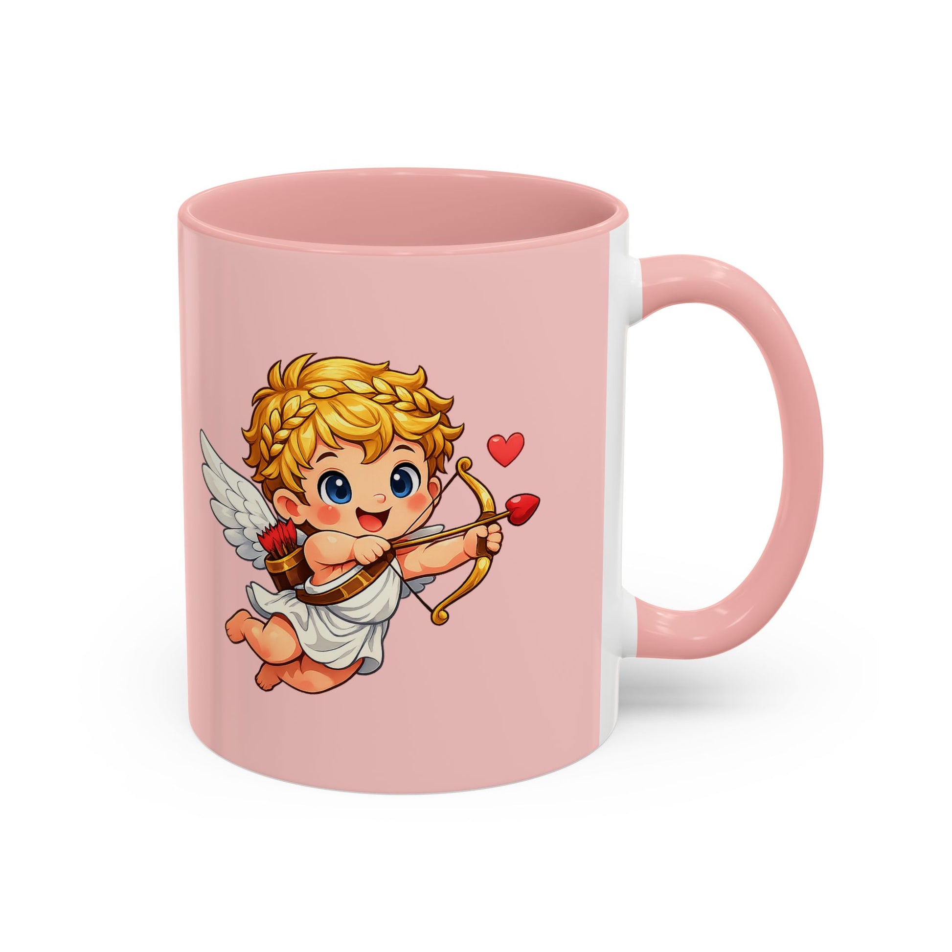 Cupid cherub coffee mug with pink interior and handle featuring cute Valentine illustration