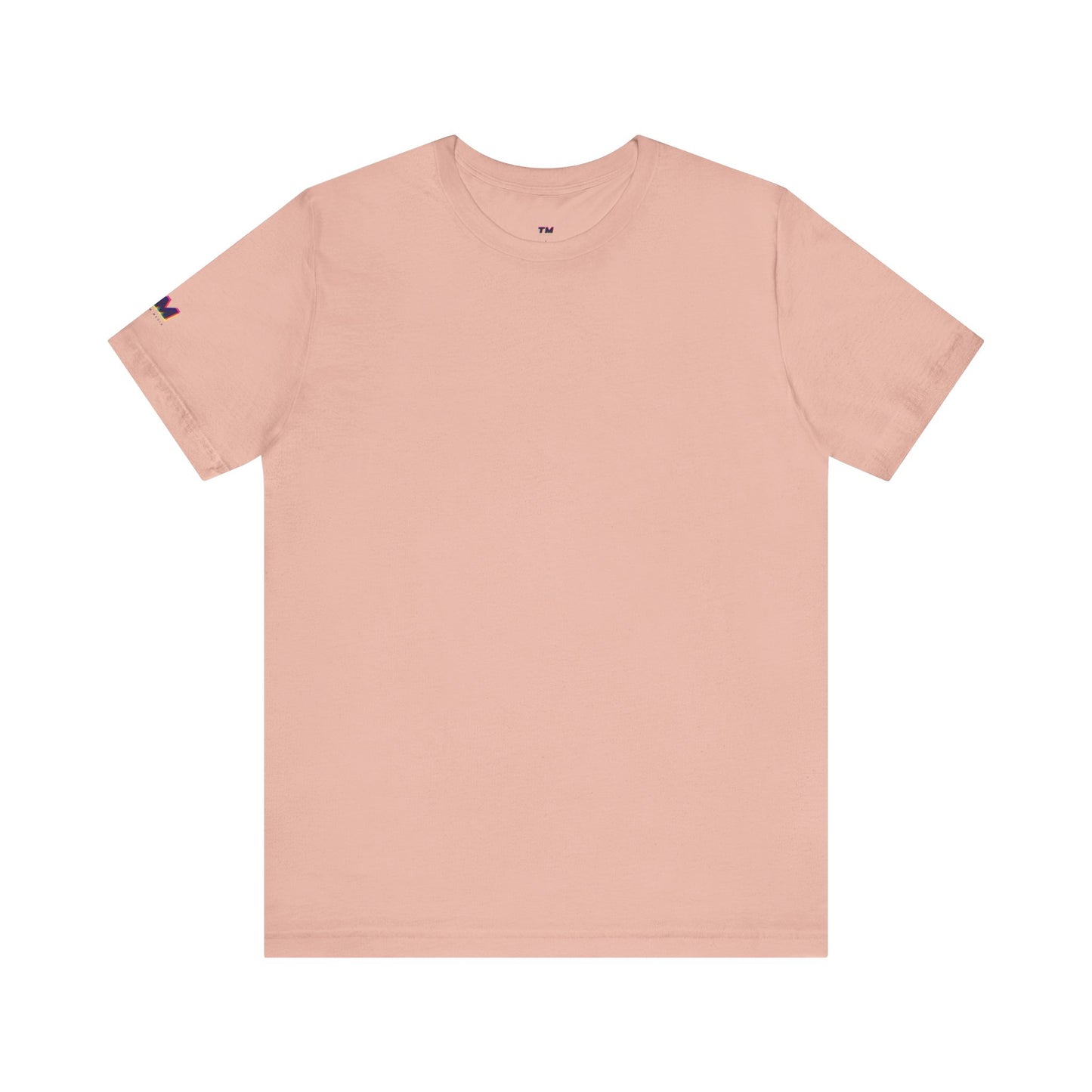 Pink t-shirt with a small logo on the chest against a white background