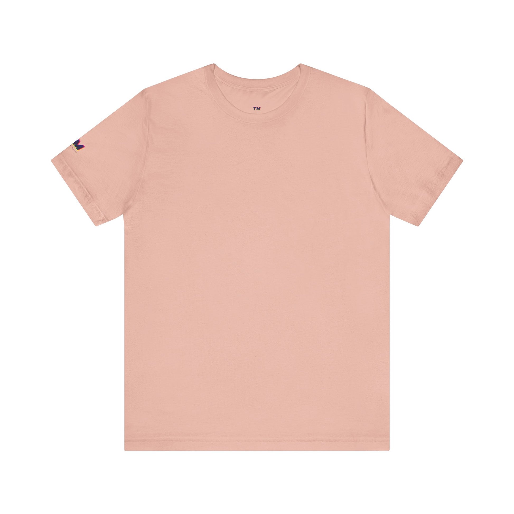 Pink t-shirt with a small logo on the chest against a white background