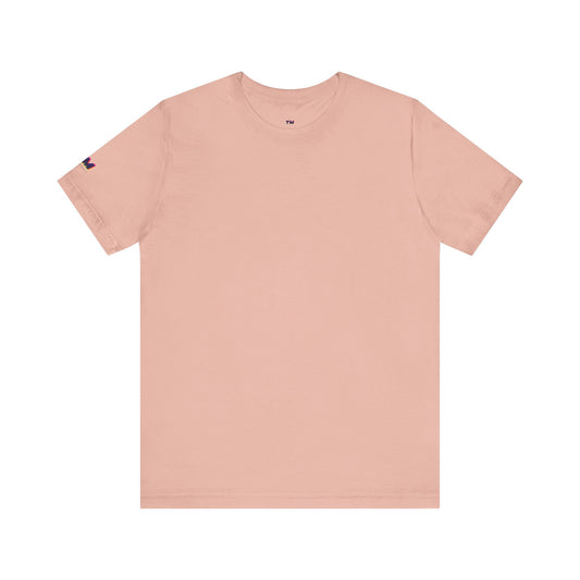 Pink t-shirt with a small logo on the chest against a white background