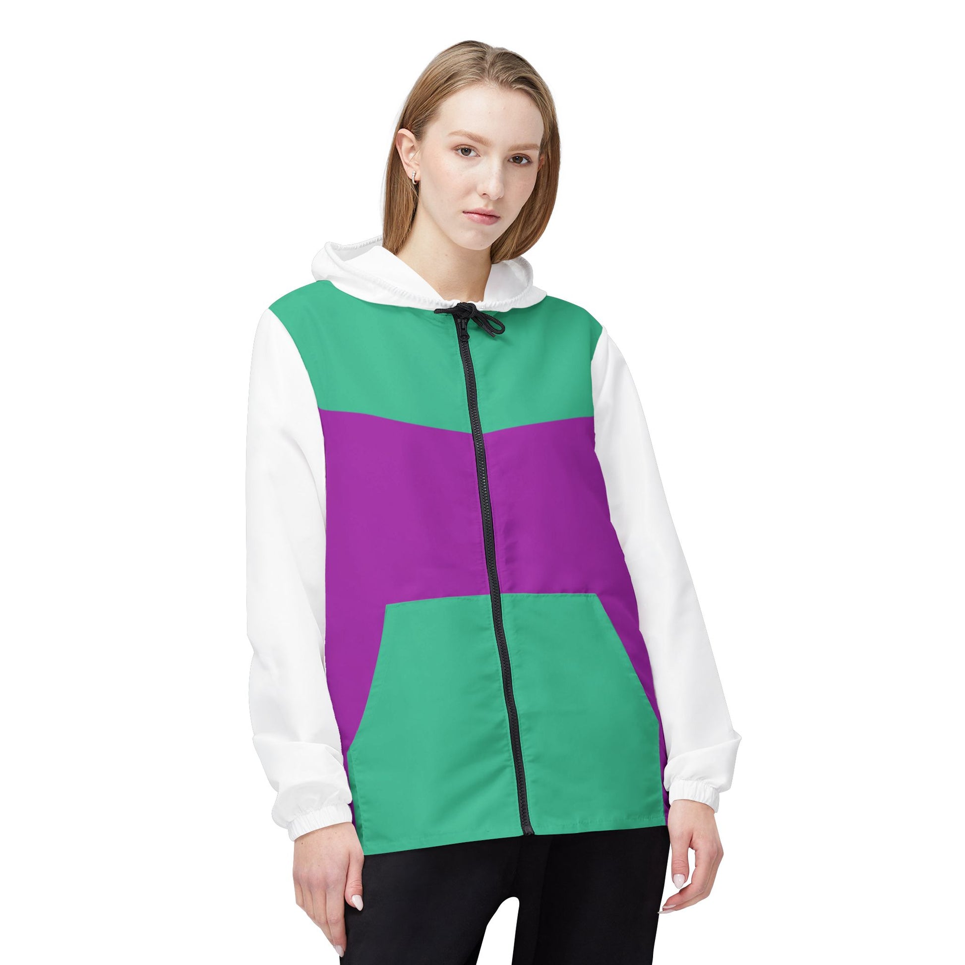 Female model wearing Retro Pink & Green Windbreaker Jacket front view with zipper closed.