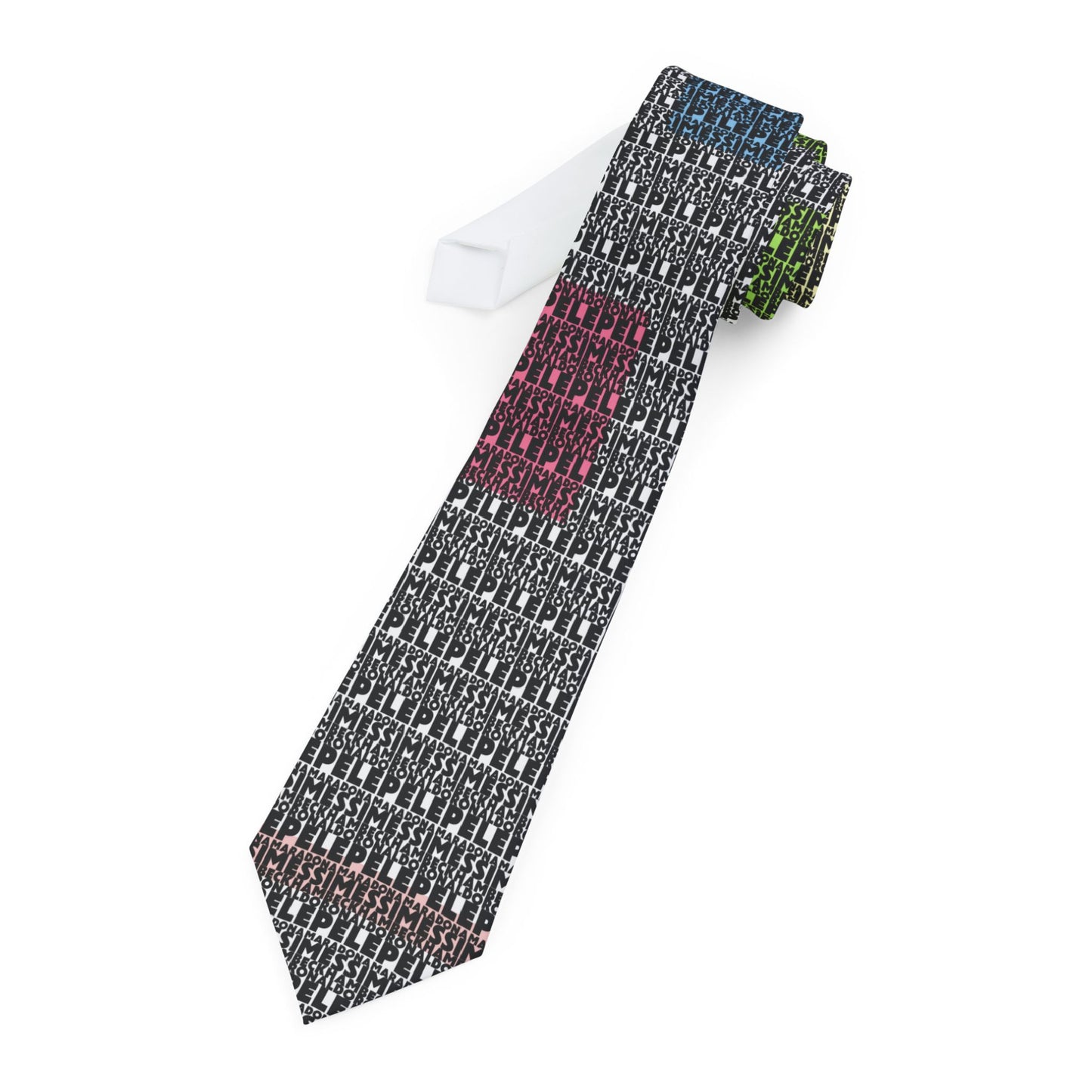 White soccer legends necktie with repeating Messi Pele Maradona Beckham Ronaldo typography pattern with blue pink green accents