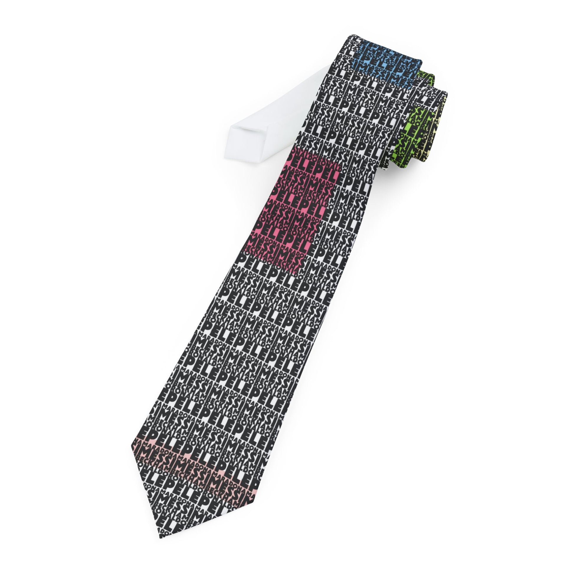 White soccer legends necktie with repeating Messi Pele Maradona Beckham Ronaldo typography pattern with blue pink green accents