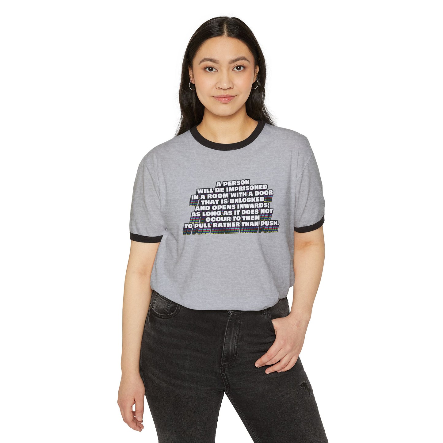 Woman wearing gray Clever Quote Unisex T-Shirt front view