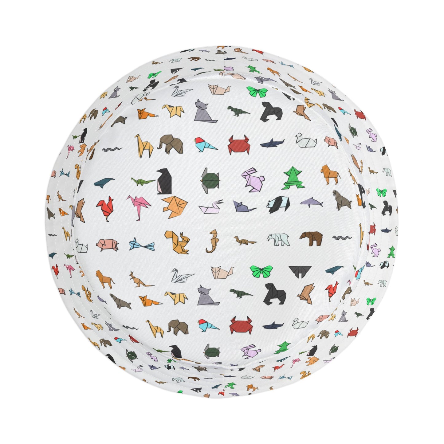Top view of patterned bucket hat showing colorful origami animal print